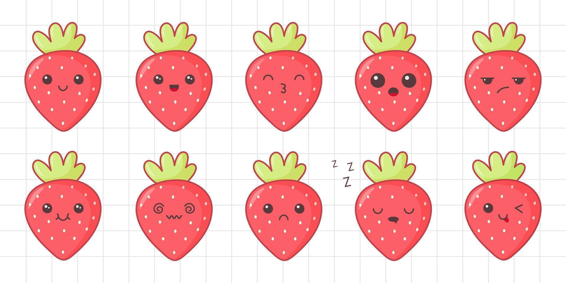 reeks van schattig kawaii aardbei karakter met een grappig emoji. illustratie Aan wit kooi achtergrond vector