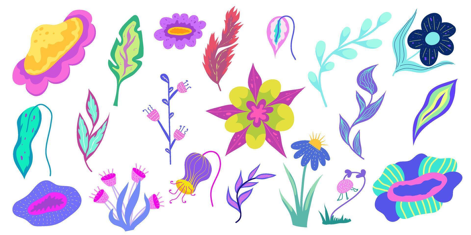 naief levendig bloem reeks geïsoleerd. voorjaar fabriek naief stijl. tekenfilm illustratie. madeliefje gemakkelijk levendig flora vector