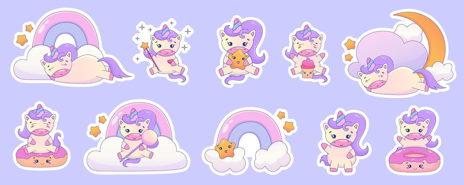 schattig tekenfilm eenhoorn kawaii set. eenhoorn met donut, regenboog kawaii dier sticker. magie schattig pony. tekenfilm illustratie vector