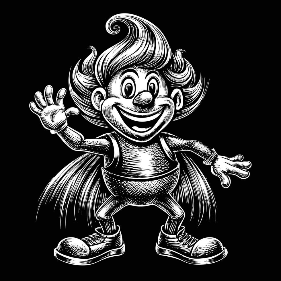 een zwart en wit tekening van een tekenfilm karakter met een groot glimlach Aan zijn gezicht vector