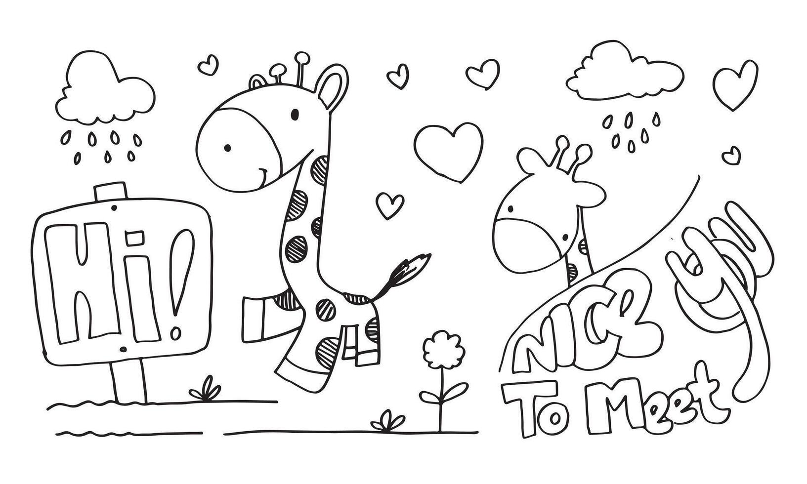 schattig aanbiddelijk giraffe groet met Hoi mooi hoor naar ontmoeten u tekenfilm tekening Aan wit achtergrond. vector
