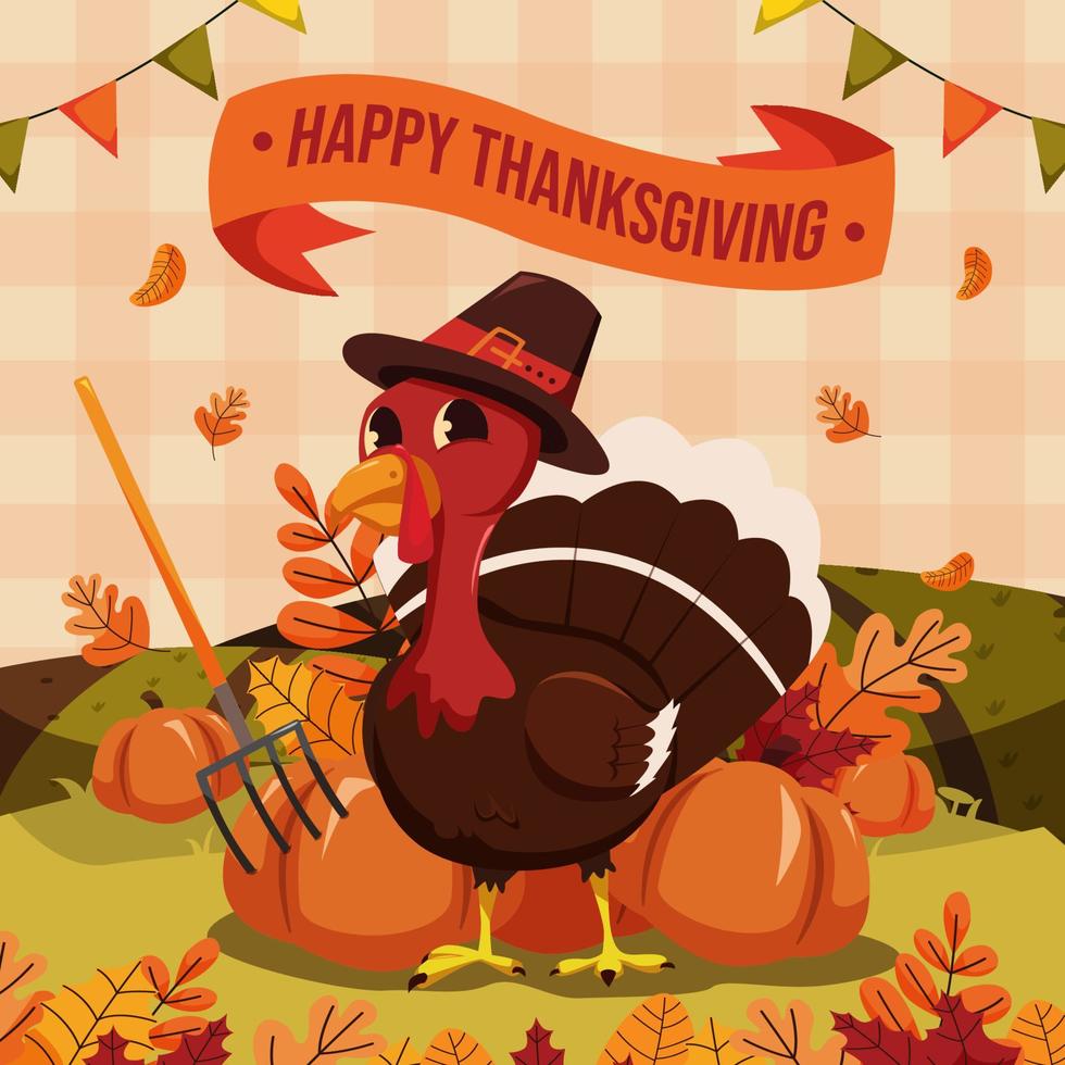 happy thanksgiving-feest met kalkoen en pompoen vector