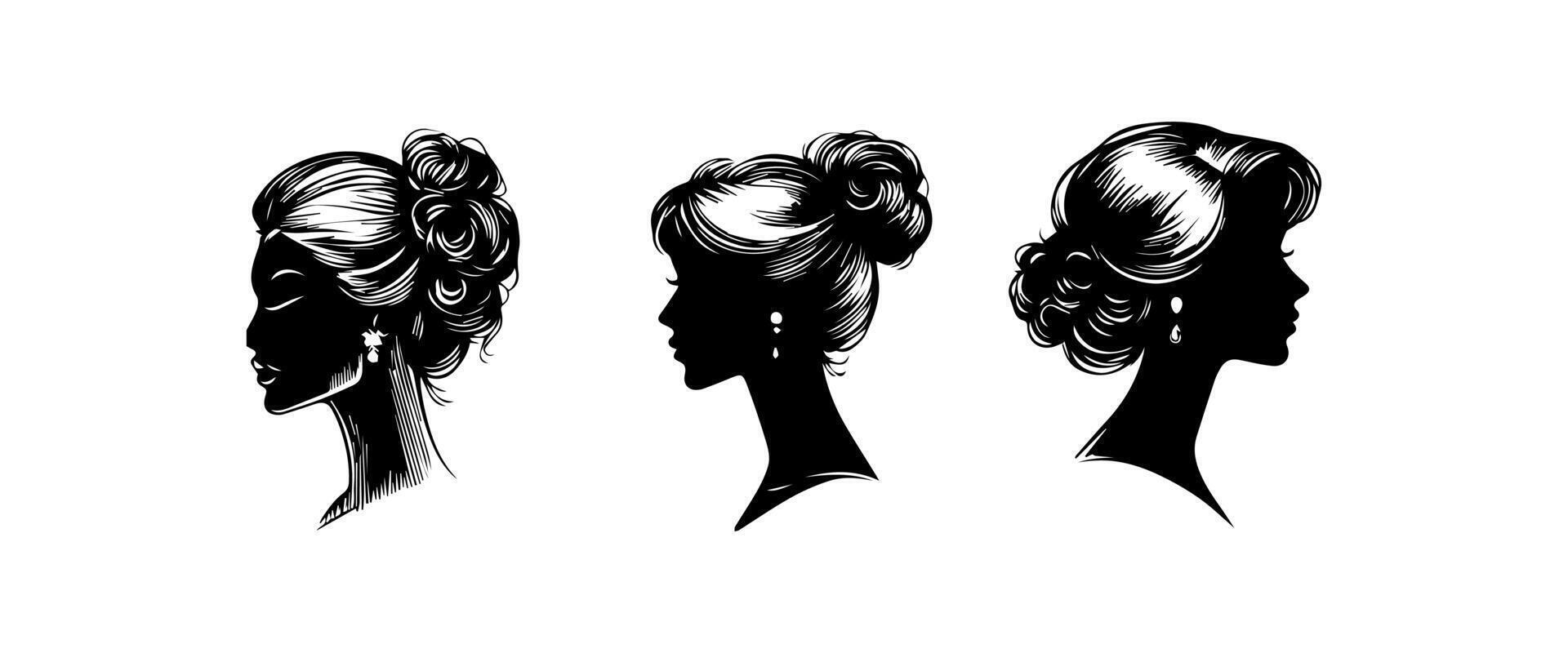 vrouw hoofd silhouet, gezicht profiel, vignet. hand- getrokken illustratie, geïsoleerd Aan wit achtergrond. ontwerp voor uitnodiging, groet kaart, wijnoogst stijl. vector