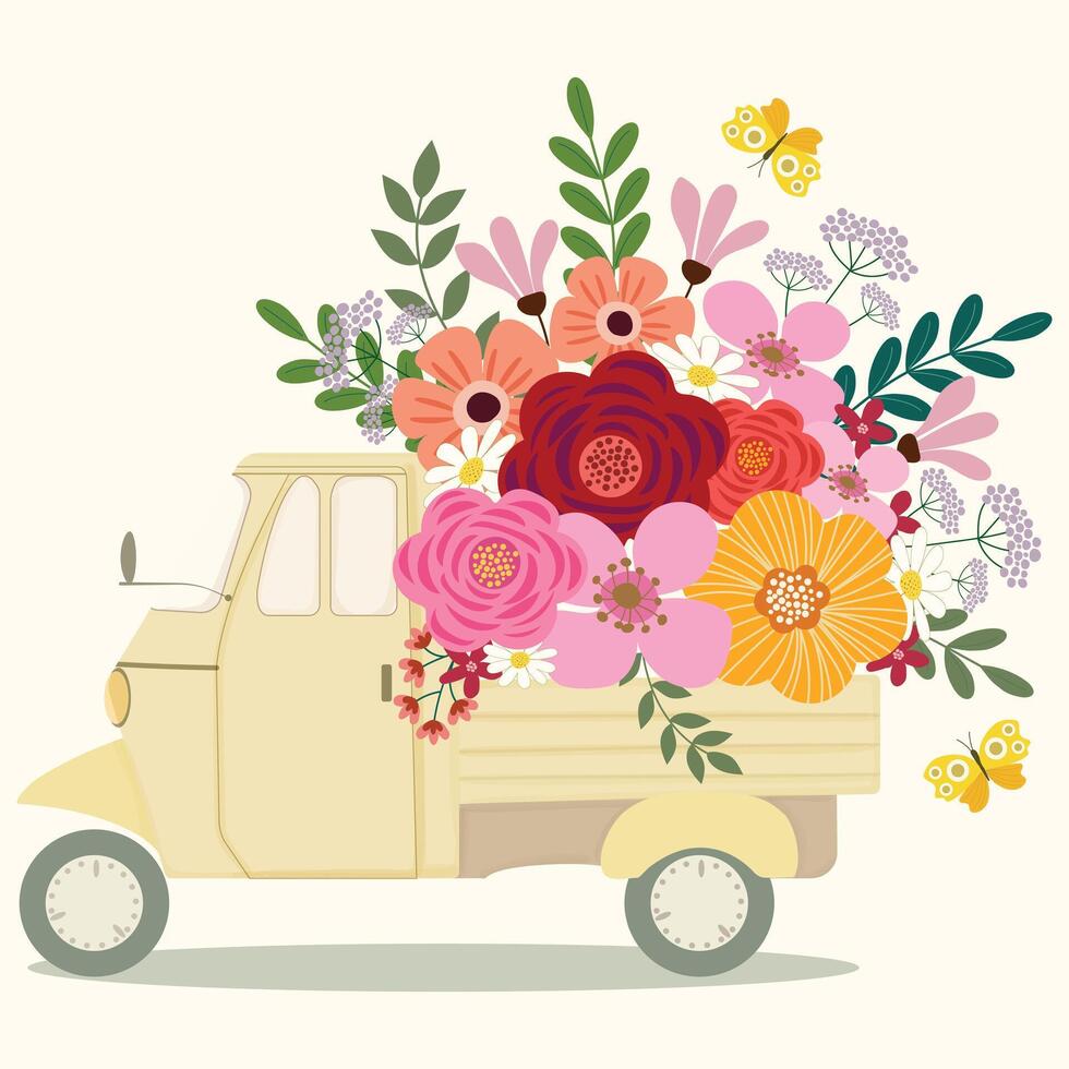 aanbiddelijk helder bloemen bloemen boeket in vrachtauto clip art hand- getrokken illustratie voor versieren uitnodiging groet verjaardag partij viering bruiloft kaart poster achtergrond vector