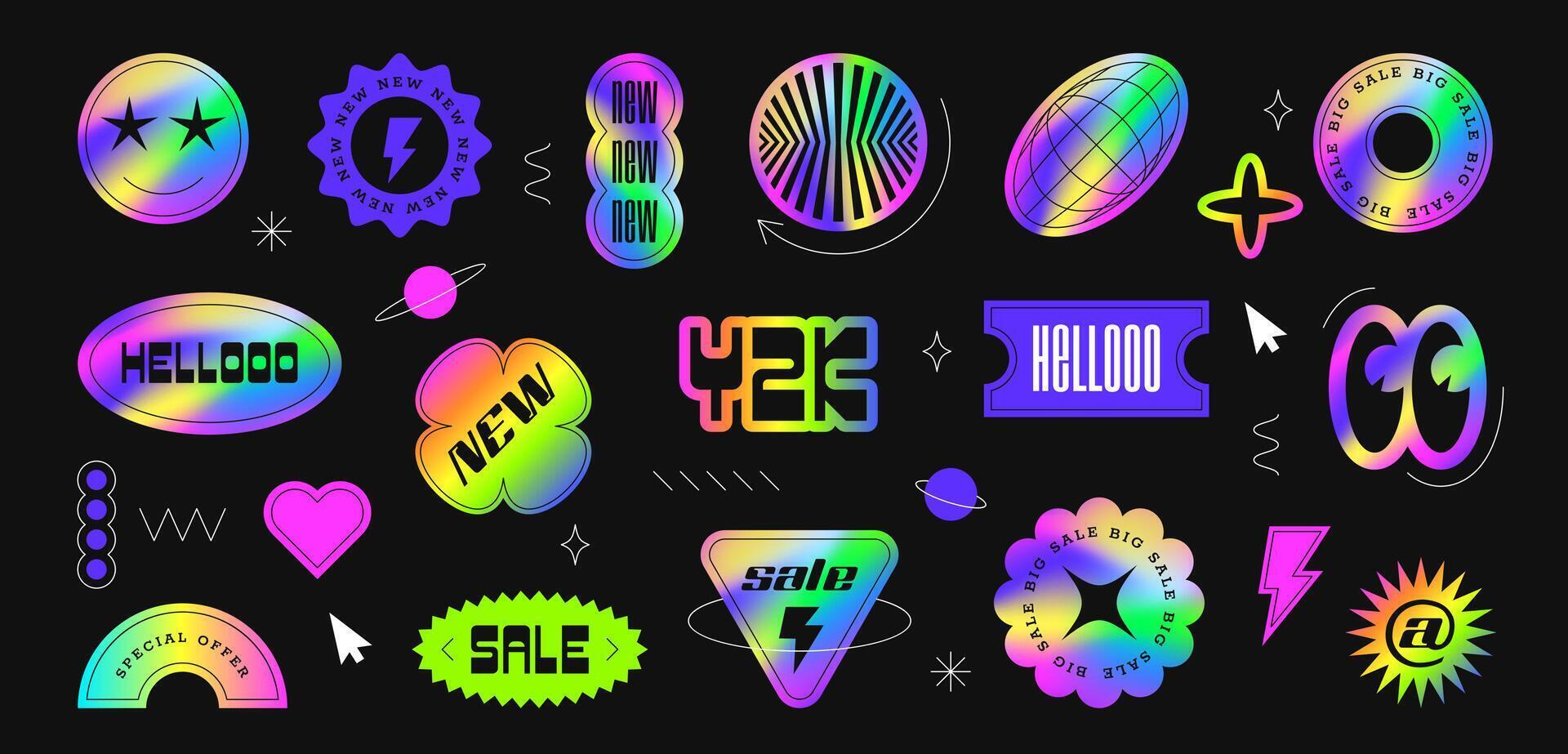 wijnoogst holografische helling uitverkoop en korting y2k stickers, grafisch elementen. reeks van abstract symbolen, holografie etiketten mockup geïsoleerd Aan zwart achtergrond. schijnen badges verschillend vormen. vector