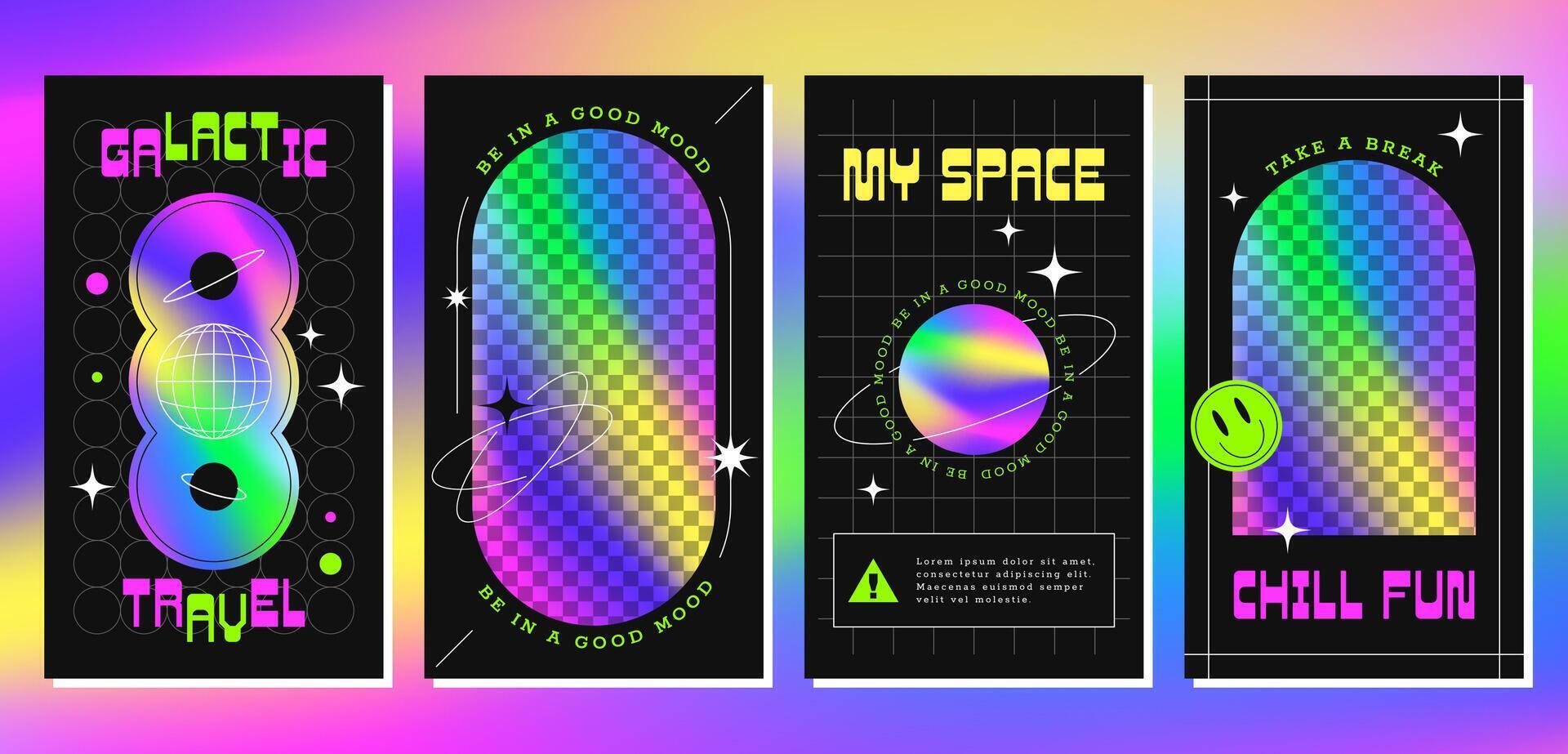 modieus sociaal media posters Sjablonen met abstract meetkundig vormen, regenboog holografische verloop. zuur folder in y2k stijl. poster met neon kopiëren ruimte voor foto of tekst. reeks van hologram elementen. vector