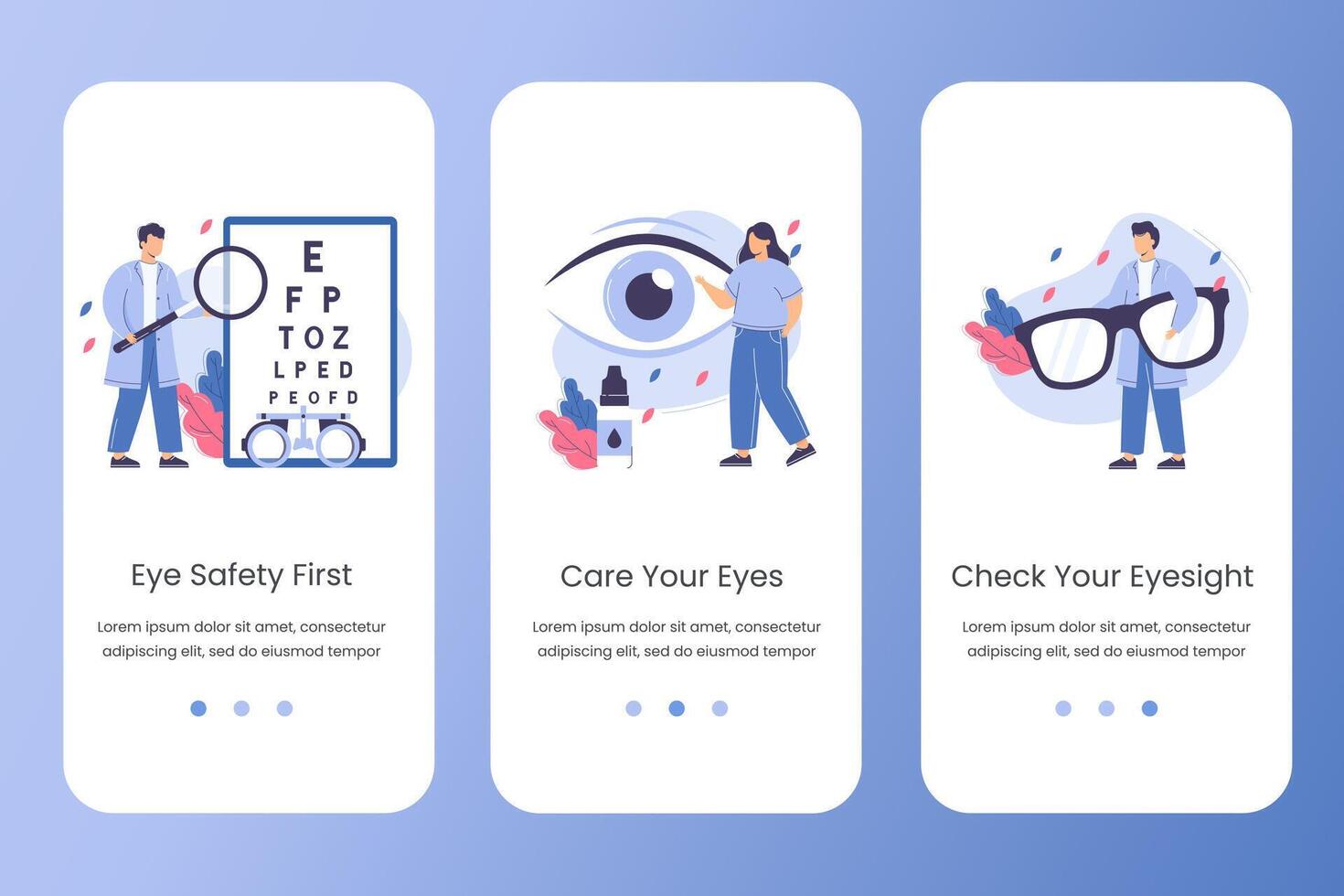 vlak oogarts dokter met vergrootglas in handen controleren gezichtsvermogen. oog testen of visie correctie website sjabloon. zorg ogen concept met druppels en bril. landen bladzijde ontwerp voor app. vector