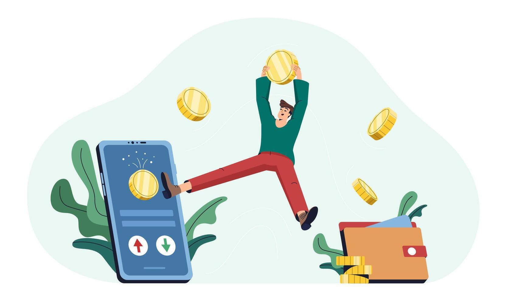 cashback vlak illustratie. gelukkig Mens met gouden munten te ontvangen contant geld, krijgen beloningen voor online winkelen. geld overdracht van mobiel app Aan e-portemonnee. contant geld rug, terugbetaling bonus of financieel besparingen. vector