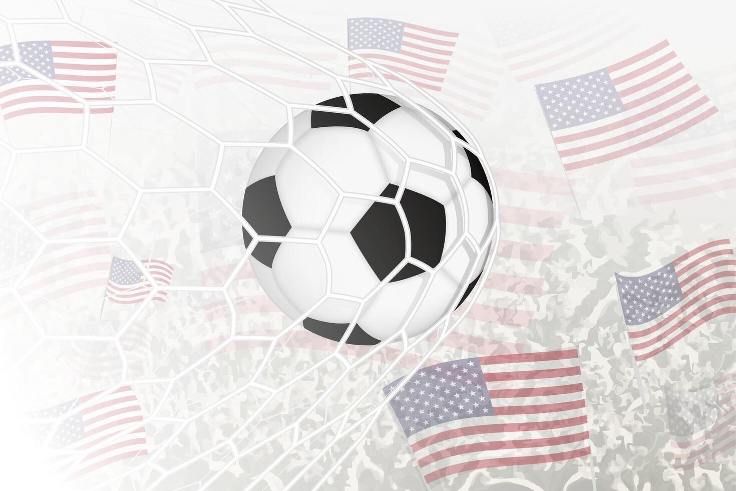 nationaal Amerikaans voetbal team van Verenigde Staten van Amerika scoorde doel. bal in doel netto, terwijl Amerikaans voetbal supporters zijn golvend de Verenigde Staten van Amerika vlag in de achtergrond. vector