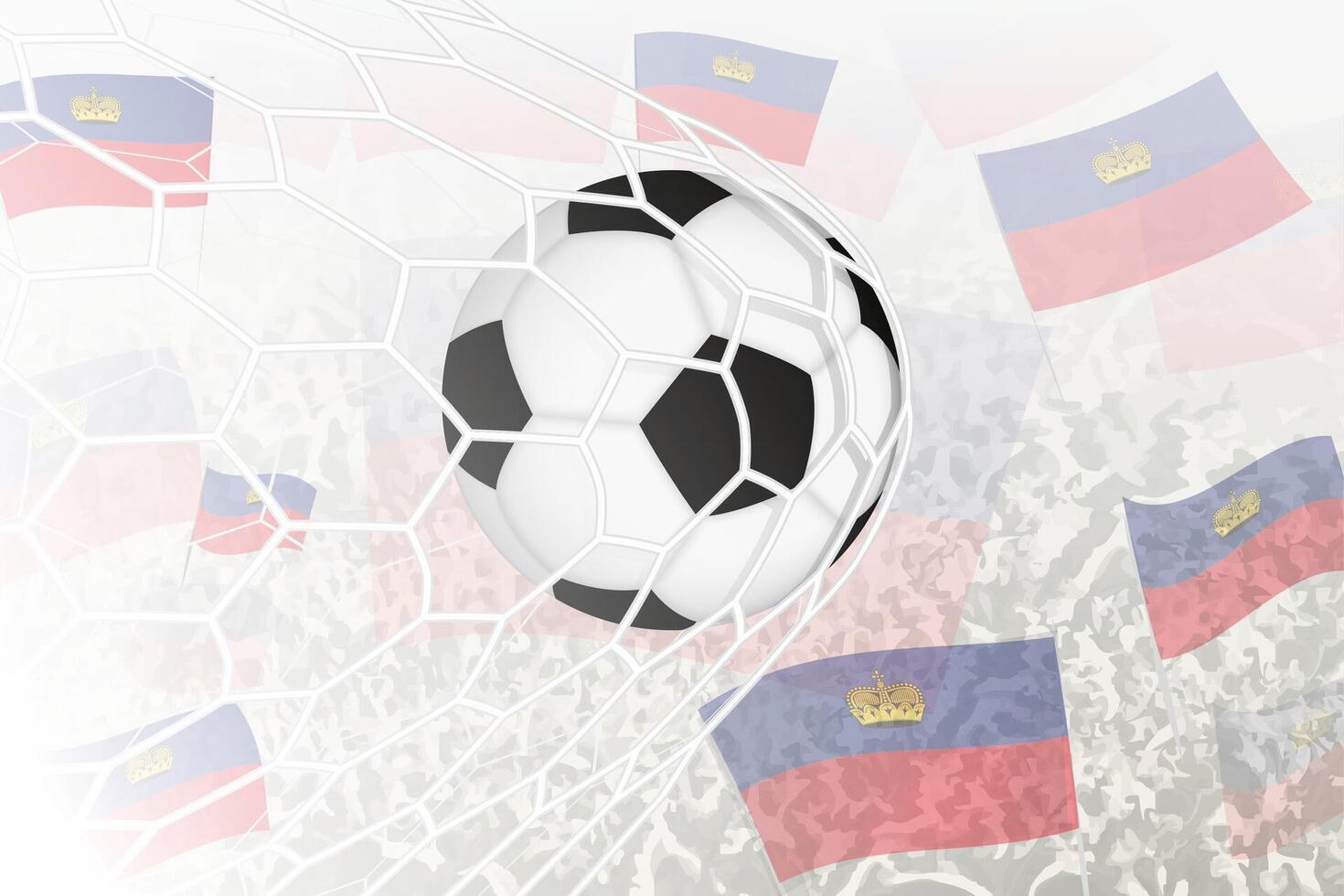 nationaal Amerikaans voetbal team van Liechtenstein scoorde doel. bal in doel netto, terwijl Amerikaans voetbal supporters zijn golvend de Liechtenstein vlag in de achtergrond. vector