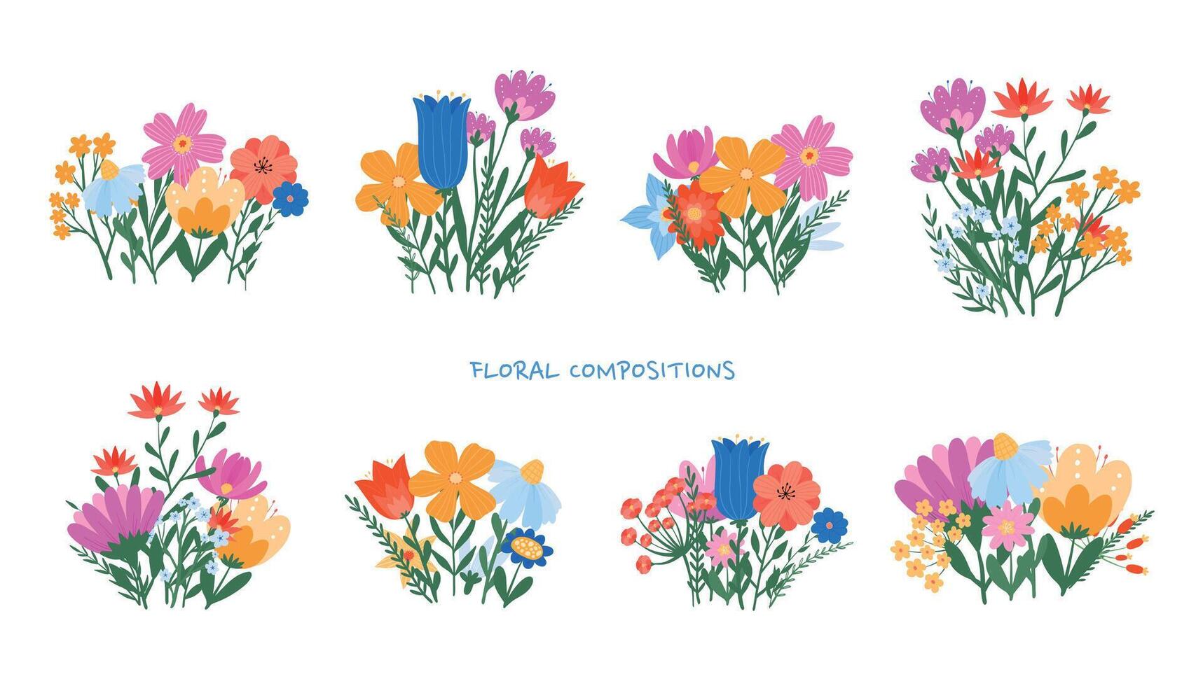 bloemen pre gemaakt composities verzameling, voorjaar wilde bloemen boeketten voor moeders dag kaarten, affiches, stickers, uitnodigingen, spandoeken, tekens, prints vector