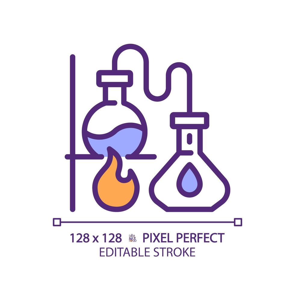 distillatie rgb kleur icoon. chemie laboratorium. koken fles. chemisch experiment. scheiding werkwijze. geïsoleerd illustratie. gemakkelijk gevulde lijn tekening. bewerkbare hartinfarct. pixel perfect vector