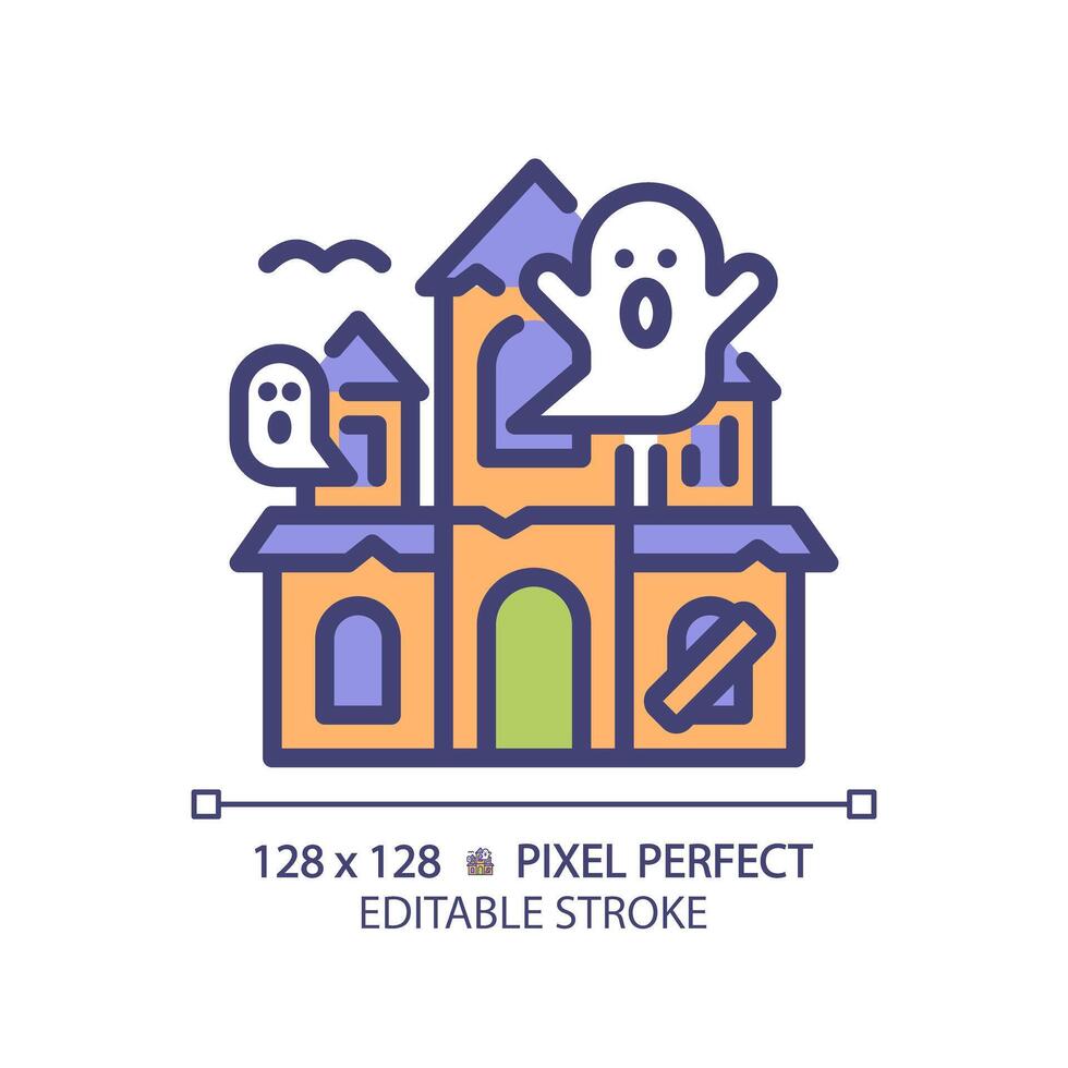 achtervolgd huis pixel perfect rgb kleur icoon. halloween kasteel, thematisch park attractie. bovennatuurlijk amusement. geïsoleerd illustratie. gemakkelijk gevulde lijn tekening. bewerkbare beroerte vector