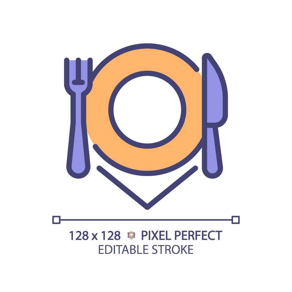 restaurant bestek plaats instelling pixel perfect rgb kleur icoon. klant onderhoud, dining beleven. Koken apparatuur. geïsoleerd illustratie. gemakkelijk gevulde lijn tekening. bewerkbare beroerte vector