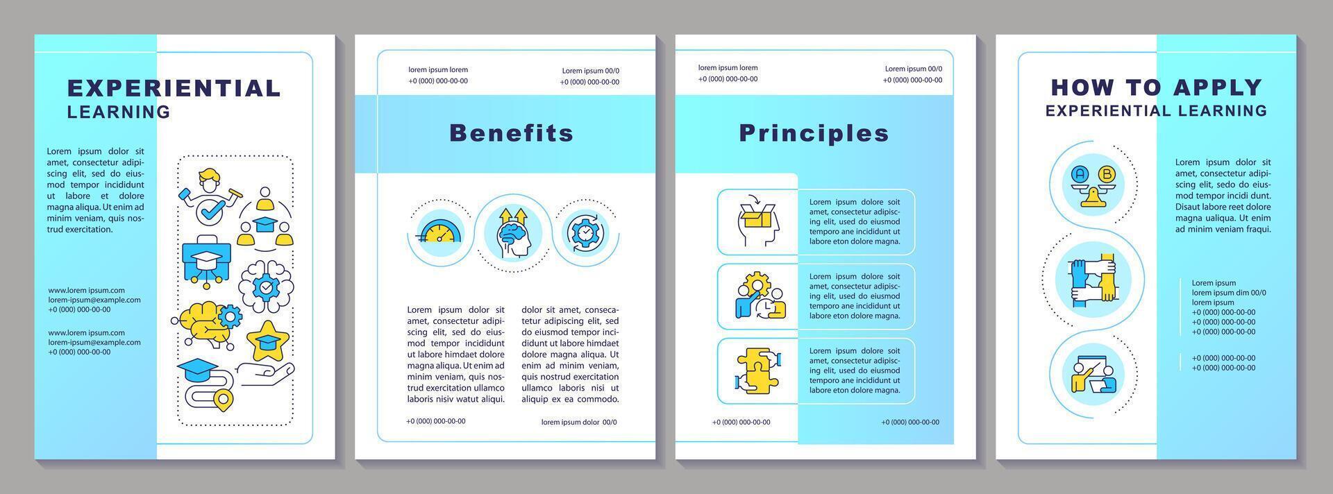 ervaringsgericht aan het leren blauw brochure sjabloon. eenvoudig principes. brochure ontwerp met lineair pictogrammen. bewerkbare 4 indelingen voor presentatie, jaar- rapporten vector