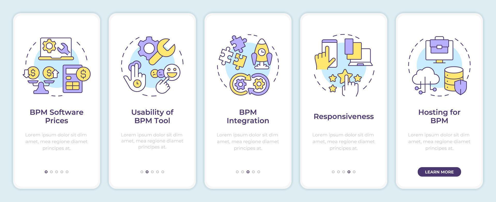 kiezen bpm software factoren onboarding mobiel app scherm. walkthrough 5 stappen bewerkbare grafisch instructies met lineair concepten. ui, ux, gui sjabloon. Montserrat halfvet, regelmatig fonts gebruikt vector