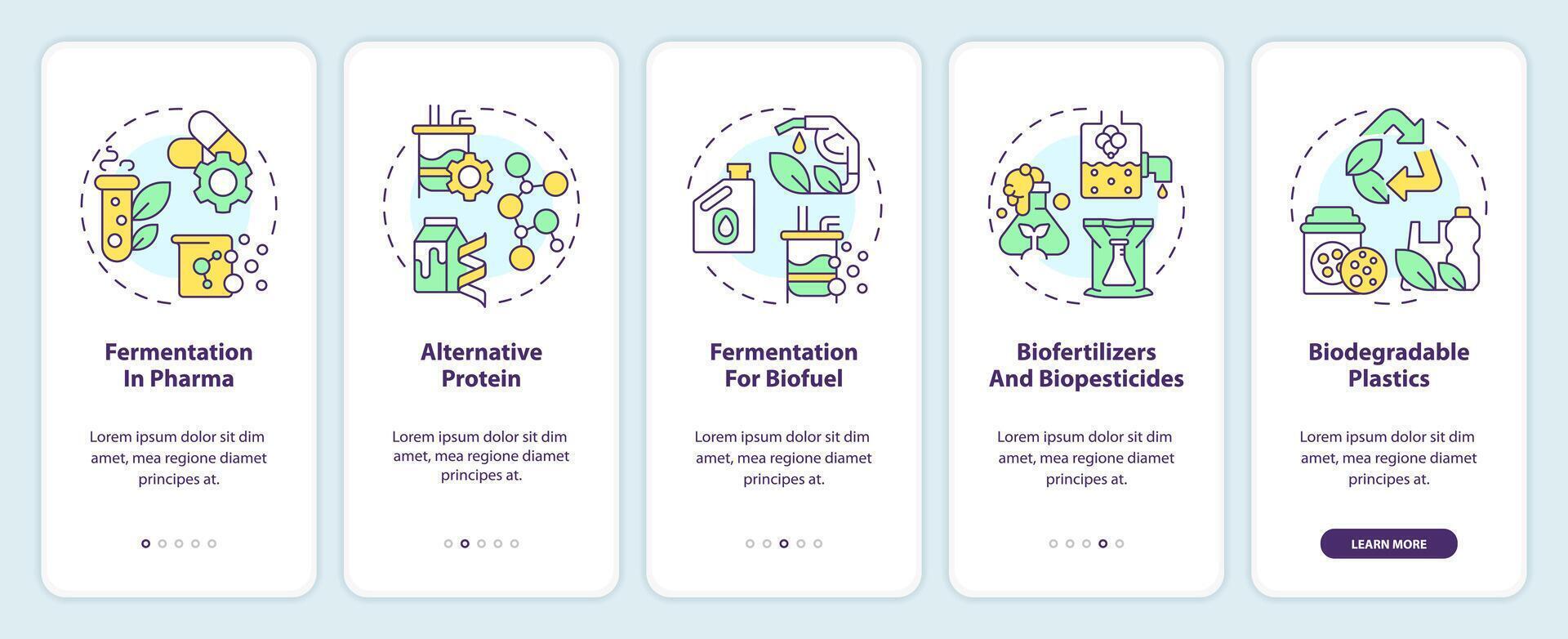 precisie fermentatie toepassingen onboarding mobiel app scherm. walkthrough 5 stappen bewerkbare grafisch instructies met lineair concepten. ui, ux, gui sjabloon vector