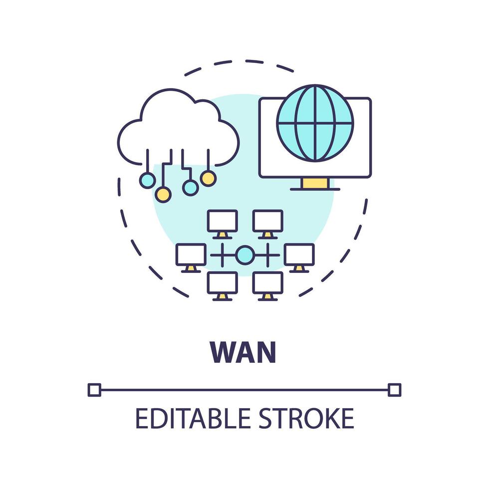 wan verbinding type multi kleur concept icoon. bedrijf netwerk digitaal infrastructuur. systeem servers beheer. ronde vorm lijn illustratie. abstract idee. grafisch ontwerp. gemakkelijk naar gebruik vector