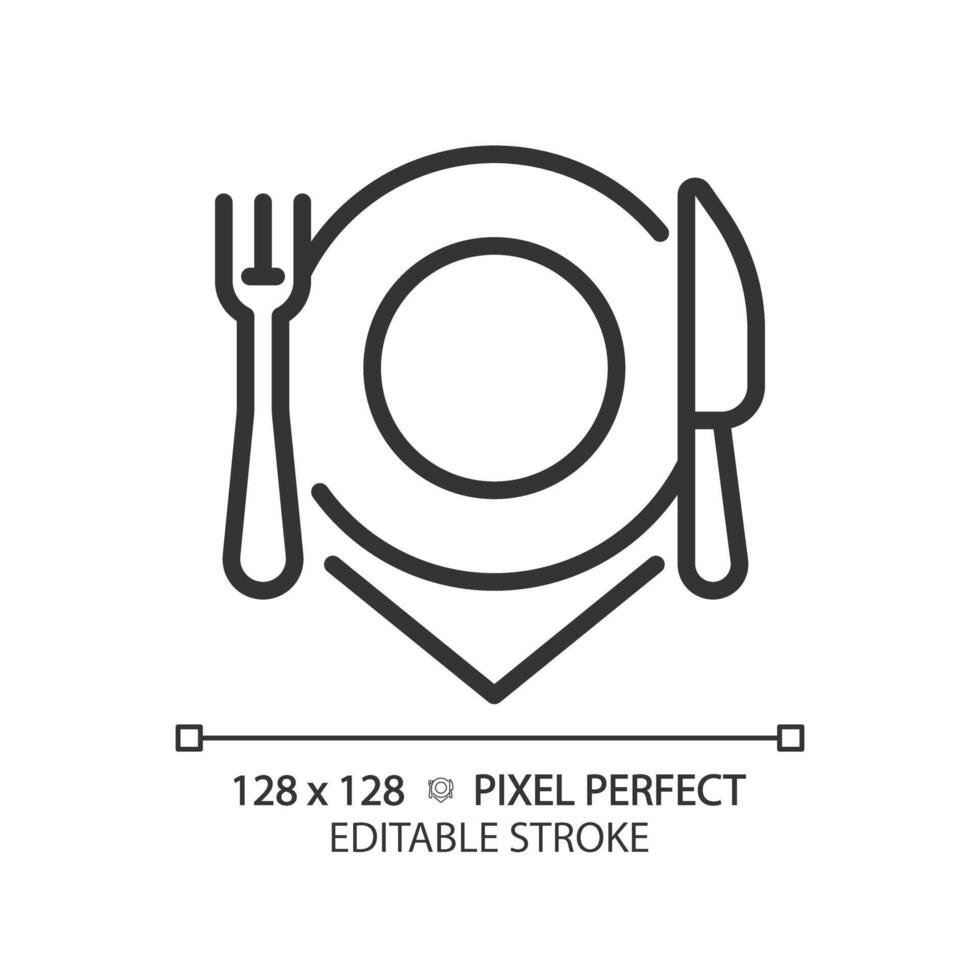 restaurant bestek plaats instelling pixel perfect lineair icoon. klant onderhoud, dining beleven. Koken apparatuur. dun lijn illustratie. contour symbool. schets tekening. bewerkbare beroerte vector