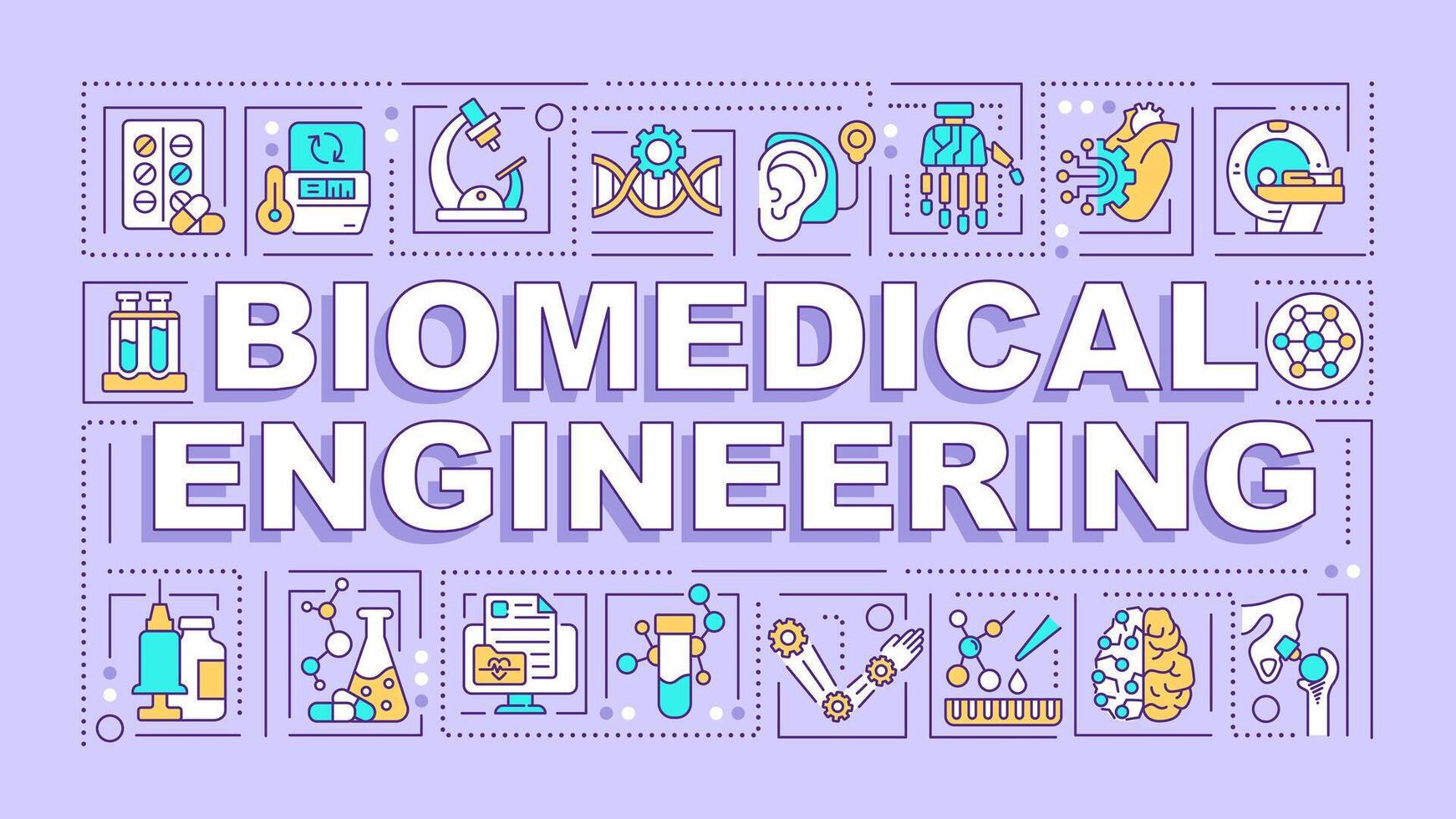 biomedisch bouwkunde Purper woord concept. biotechnologie. typografie spandoek. vlak ontwerp. illustratie met titel tekst, bewerkbare lijn pictogrammen. klaar naar gebruik vector