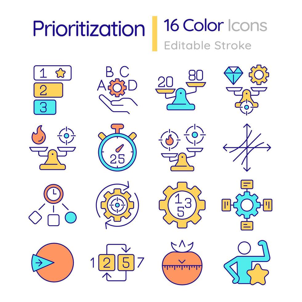 prioritering methoden rgb kleur pictogrammen set. tijd beheer, werkwijze optimalisatie. het roosteren systemen. geïsoleerd illustraties. gemakkelijk gevulde lijn tekeningen verzameling. bewerkbare beroerte vector
