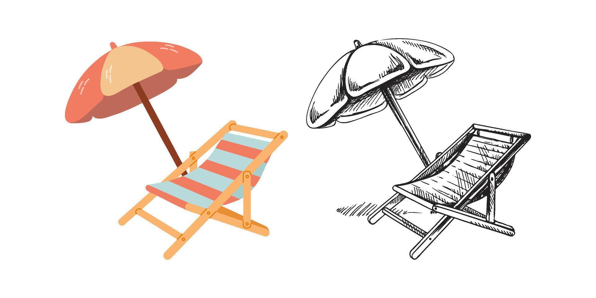 schattig hand- getrokken strand stoel met strand paraplu. vlak en schets illustratie geïsoleerd Aan wit achtergrond. tekening tekening. vector