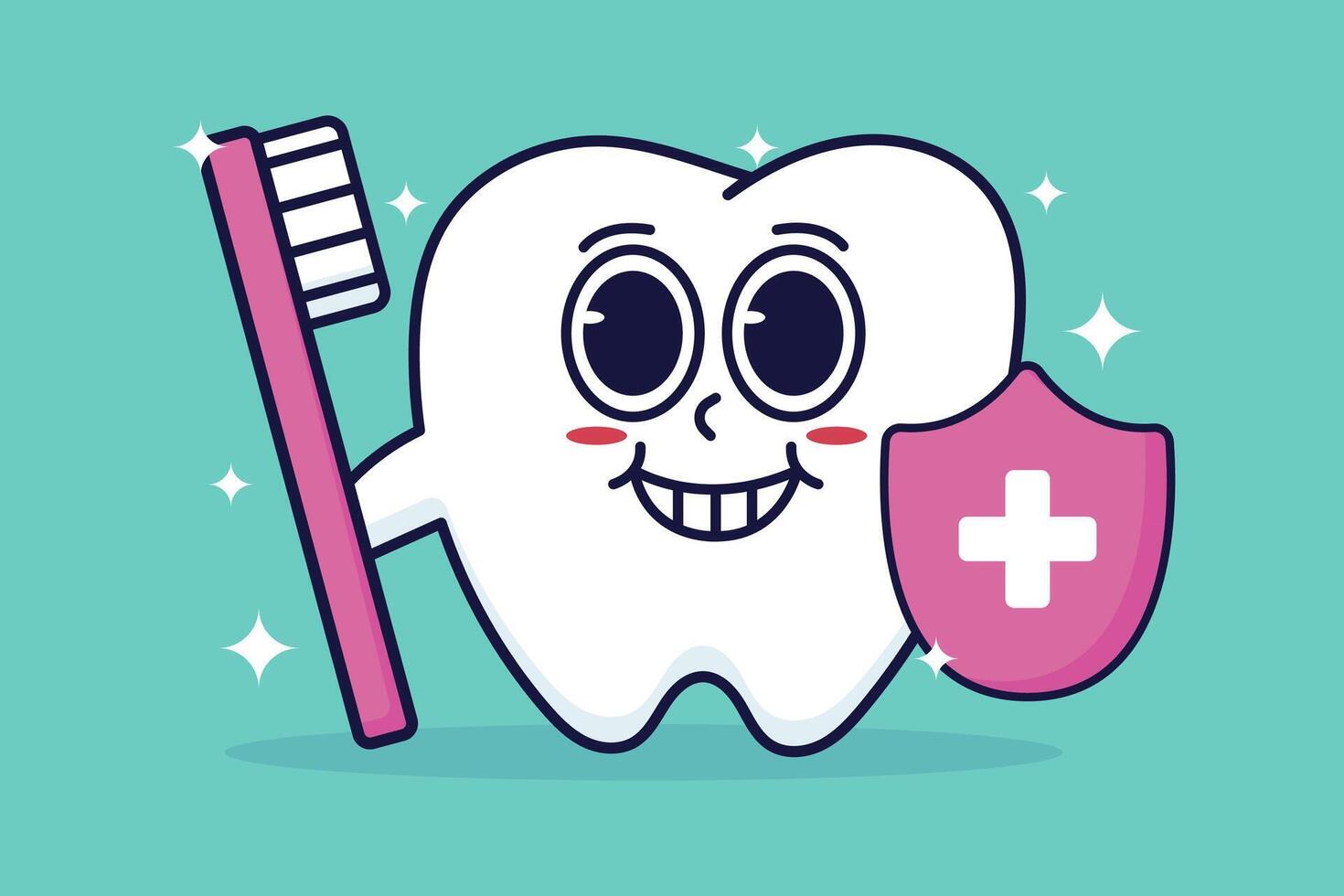 schattig tekenfilm tand karakter met tandenborstel en schild illustratie vector