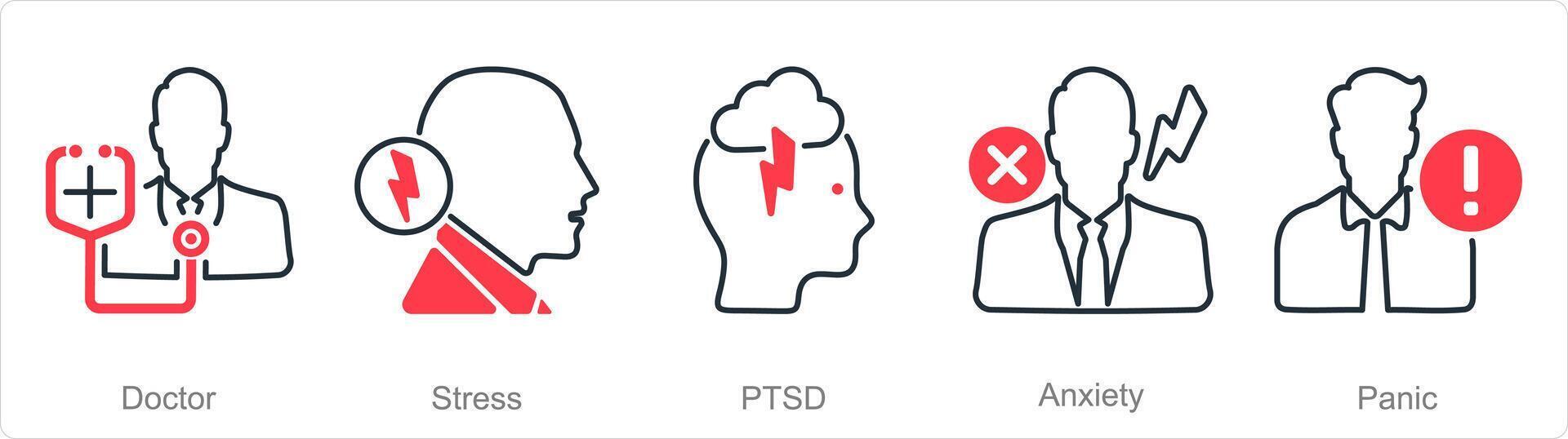 een reeks van 5 mentaal Gezondheid pictogrammen net zo dokter, spanning, ptsd vector