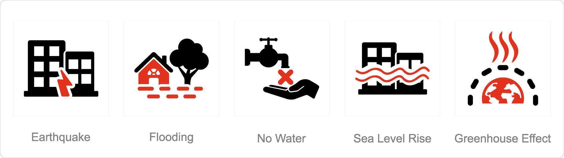 een reeks van 5 klimaat verandering pictogrammen net zo aardbeving, overstromingen, Nee water vector