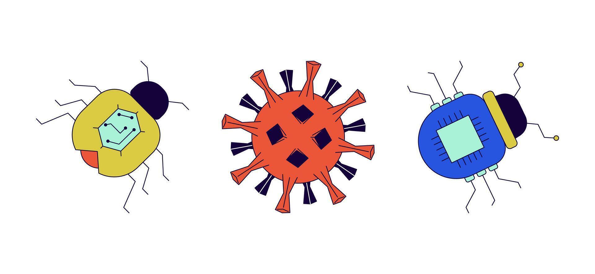 virus computer bugs 2d lineair tekenfilm voorwerpen set. gevaarlijk malware geïsoleerd lijn elementen wit achtergrond. systeem Botsing. ransomware stroomkring kleur vlak plek illustratie verzameling vector