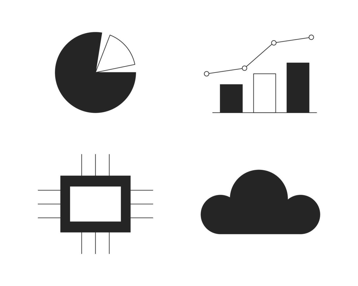 tabel diagram technologie zwart en wit 2d lijn tekenfilm voorwerpen set. chip, wolk server geïsoleerd schets items verzameling. microchip, cirkeldiagram, digitaal monochromatisch vlak plek illustraties vector