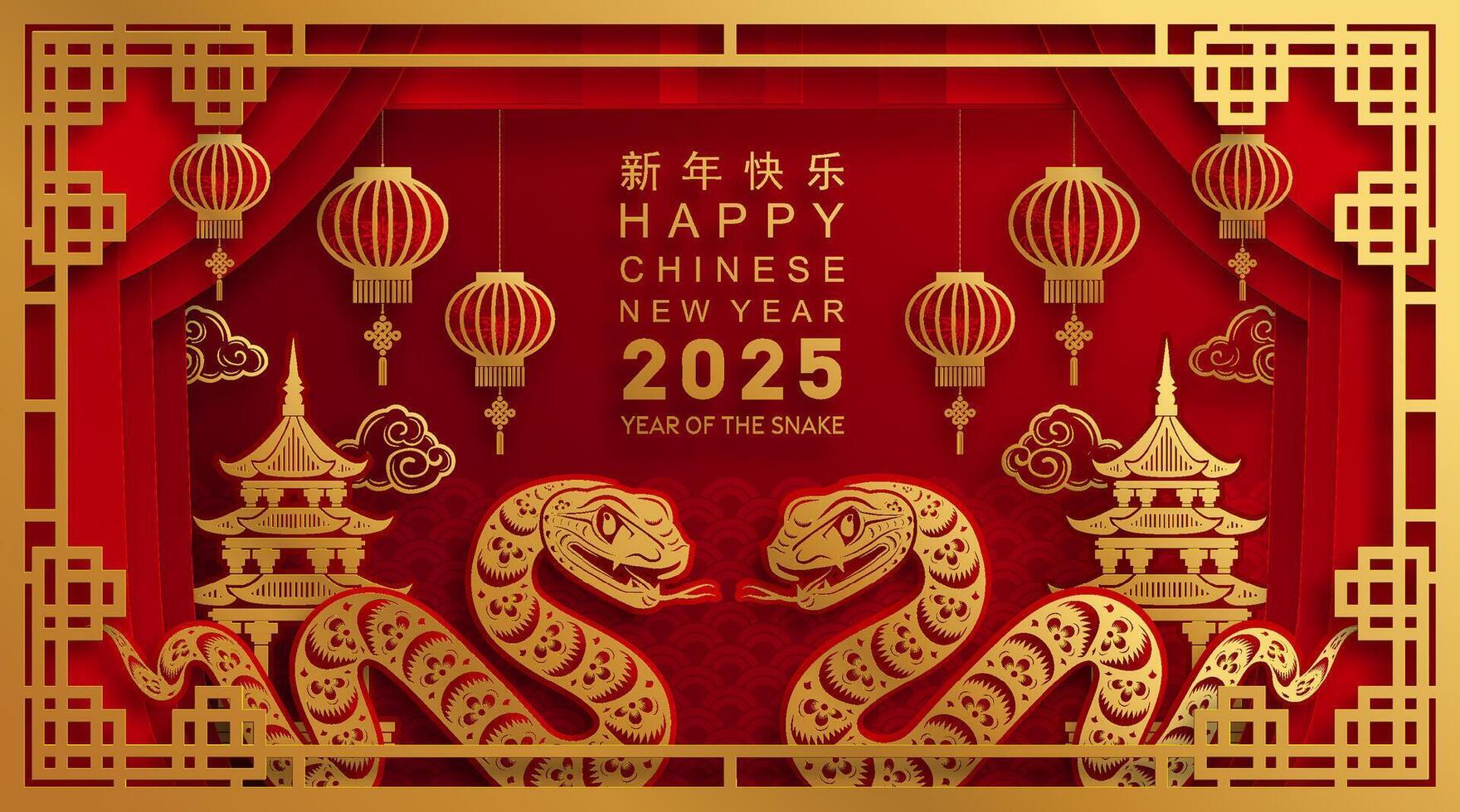 gelukkig Chinese nieuw jaar 2025 jaar van de slang met bloem lantaarn Aziatisch elementen rood en goud traditioneel papier besnoeiing stijl Aan kleur achtergrond. vector