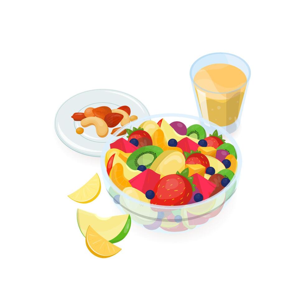 kom van salade gemaakt van vers exotisch fruit, glas van oranje sap en noten aan het liegen Aan bord geïsoleerd Aan wit achtergrond. smakelijk eigengemaakt maaltijd, gezond ontbijt voedsel. kleurrijk illustratie. vector