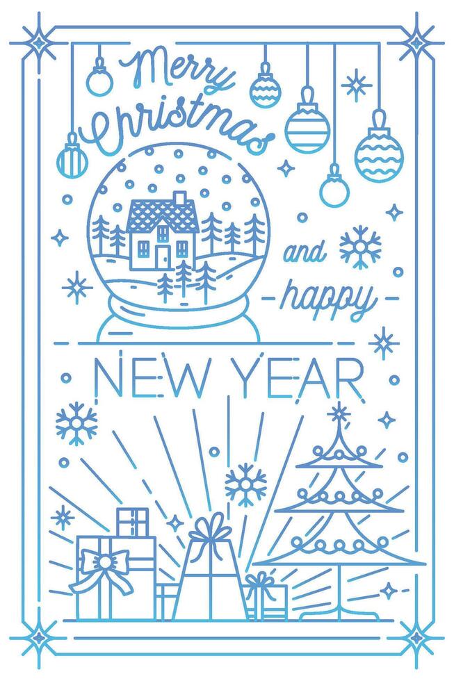 vrolijk Kerstmis en gelukkig nieuw jaar groet kaart sjabloon met feestelijk decoraties getrokken in lijn kunst stijl - sneeuwvlokken, versierd spar, geschenken, kerstballen, sneeuw wereldbol. monochroom illustratie. vector