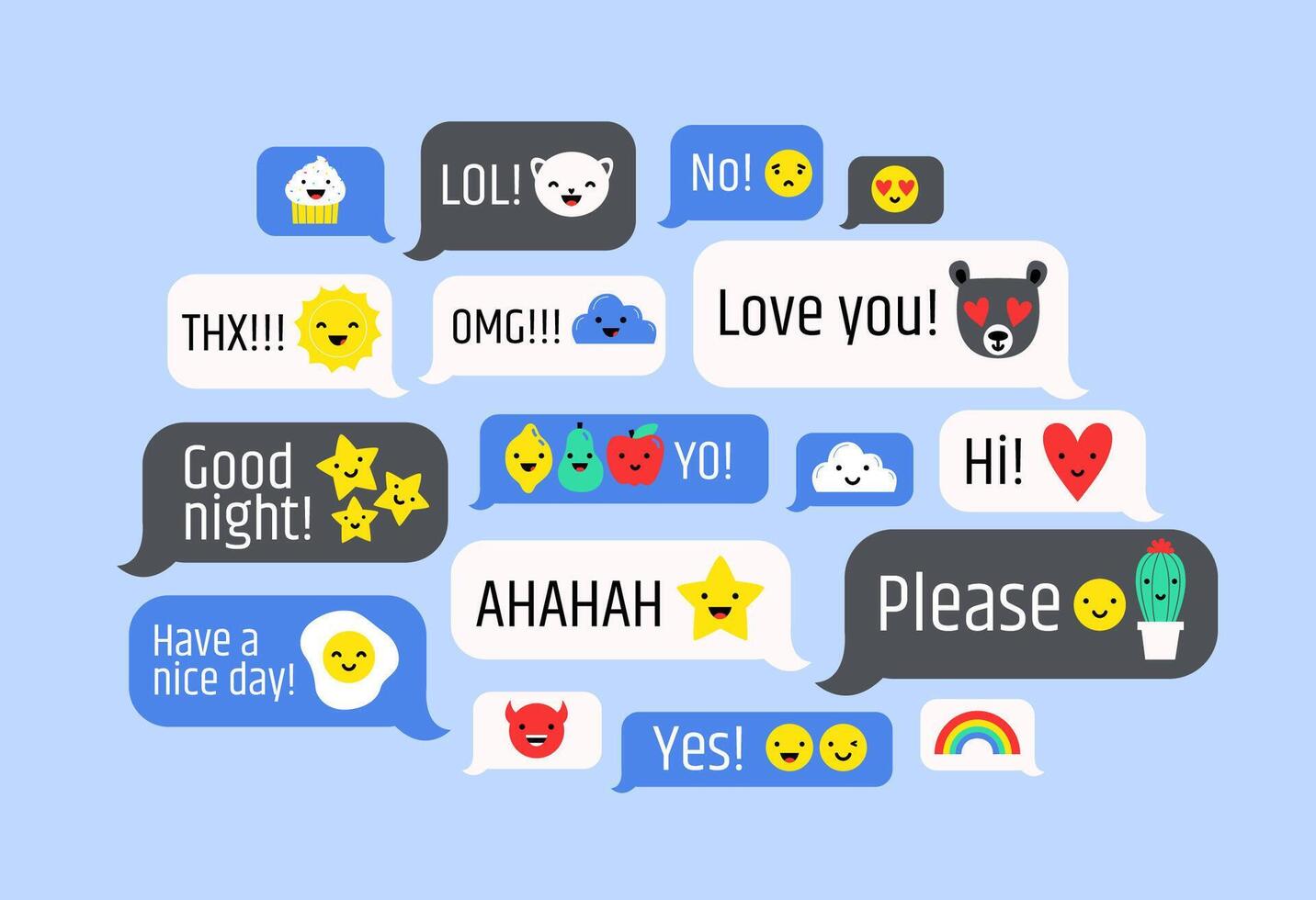 wolk van berichten met schattig emoji. toespraak bubbels met tekst. ideogrammen of grappig symbolen naar uitdrukken verschillend emoties in elektronisch chatten of berichten. kleurrijk illustratie. vector