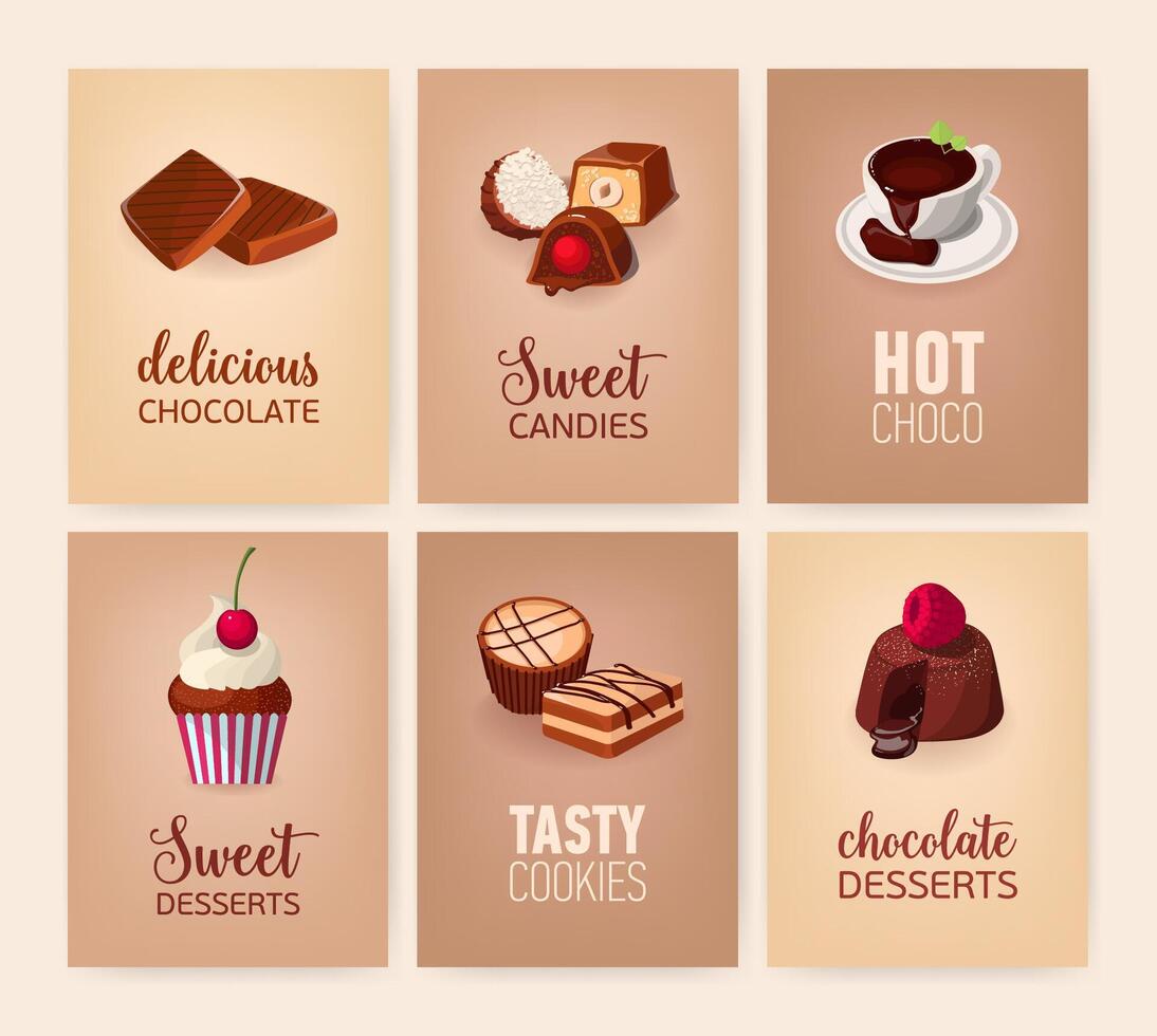 verzameling van kleurrijk banners met heerlijk desserts of smakelijk zoet cursussen en dranken - koekjes, snoepjes, heet chocola, taarten. illustratie voor cafe of banketbakkerij advertentie. vector