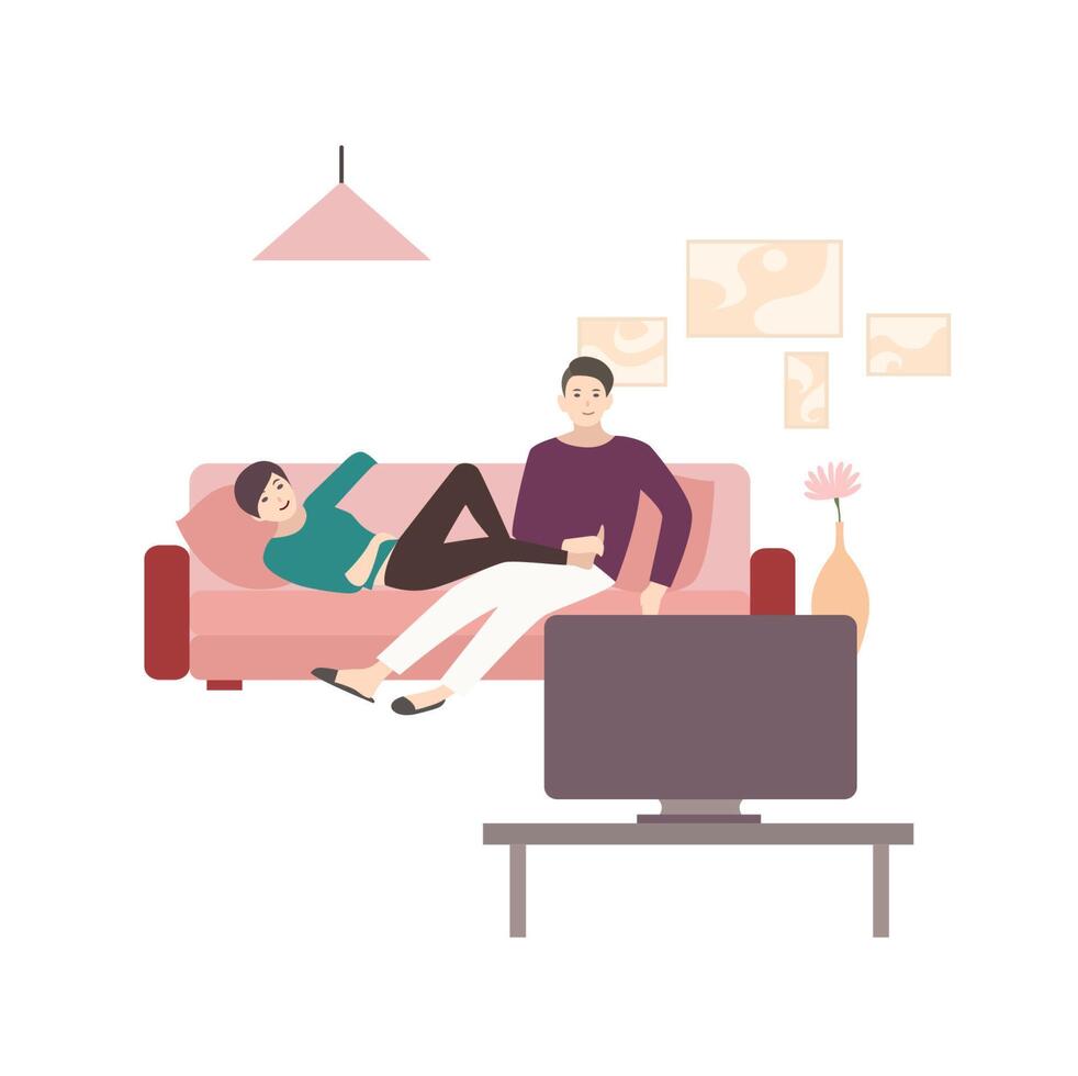 Mens en vrouw zittend en aan het liegen Aan comfortabel sofa en aan het kijken TV. jong paar uitgeven tijd samen Bij huis in voorkant van televisie set. schattig vlak tekenfilm karakters. kleurrijk illustratie. vector