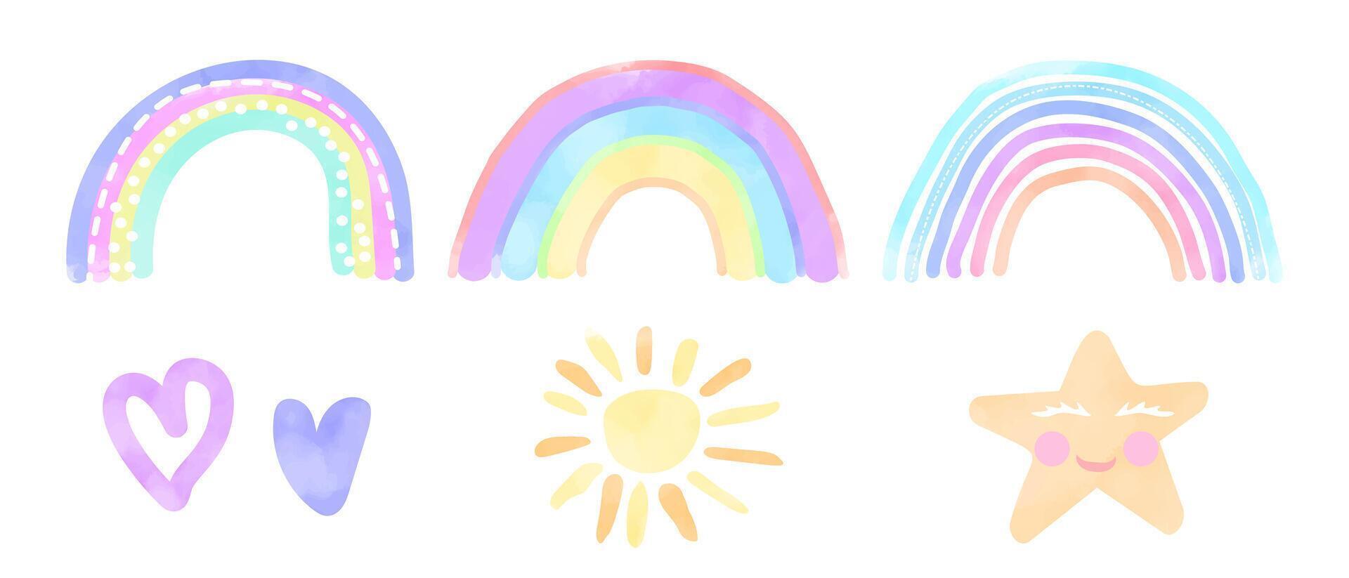 kinderen waterverf regenboog, zon, ster en hart pastel hand- getrokken illustratie vector