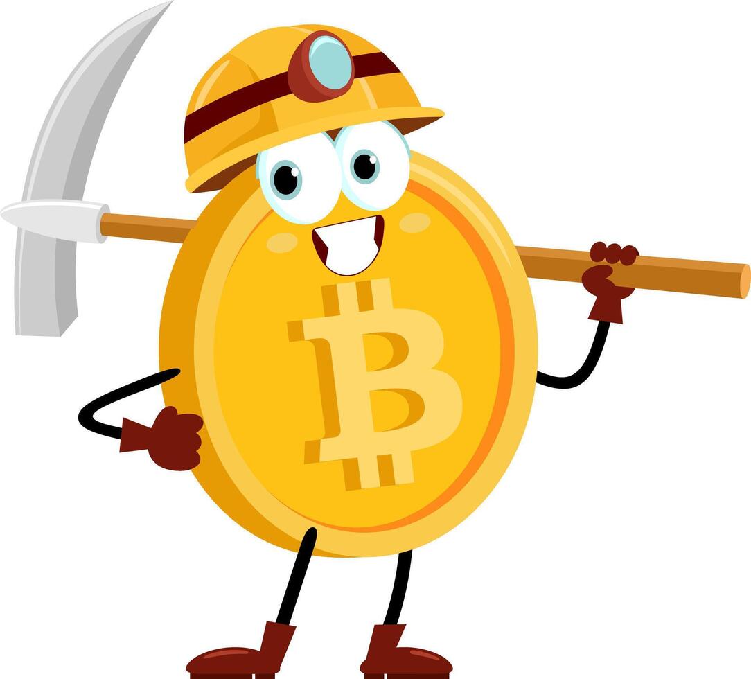 bitcoin mijnwerker tekenfilm karakter Holding pikhouweel vector