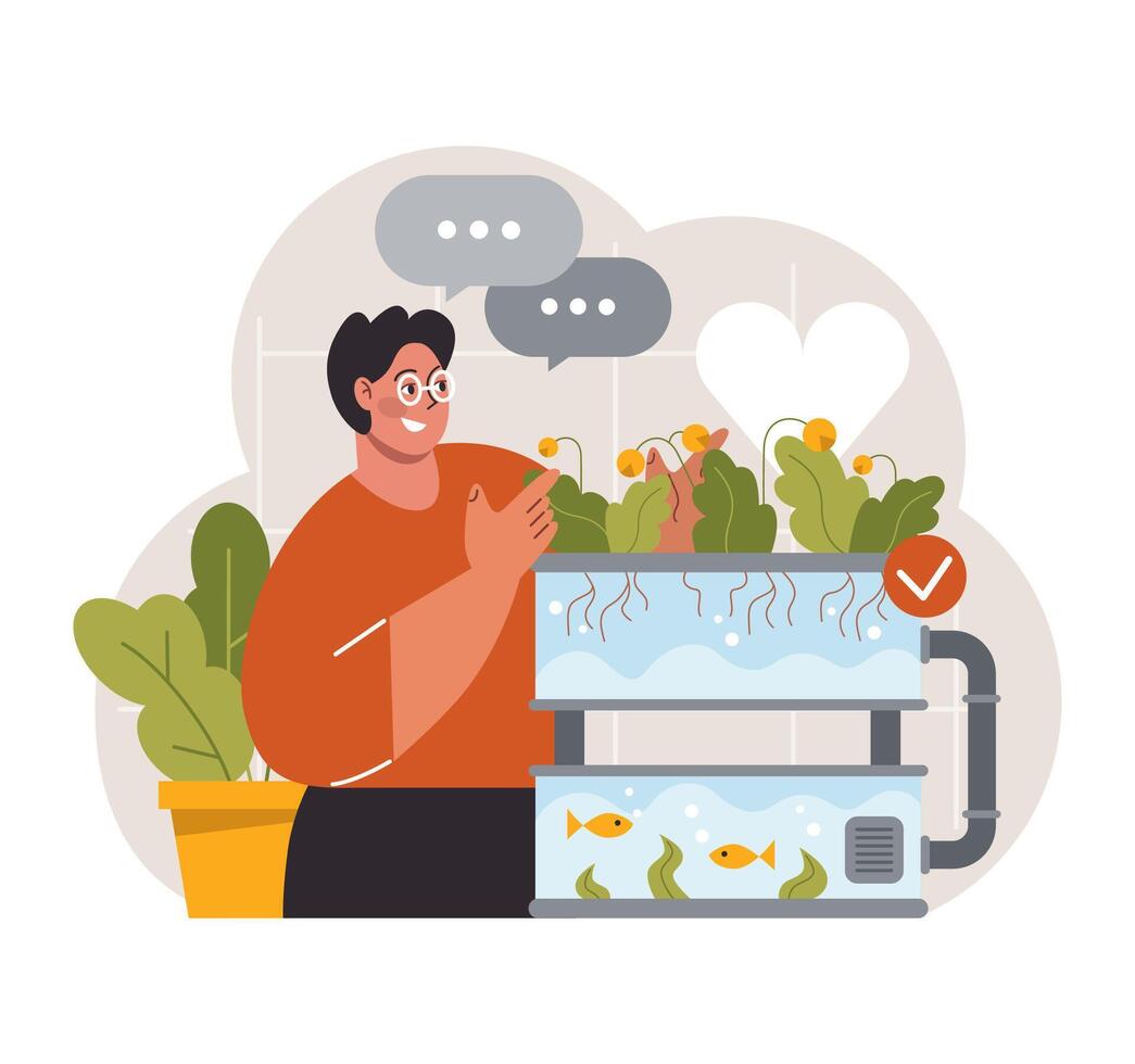 Mens trots presenteert een aquaponics systeem Bij huis. vlak illustratie. vector