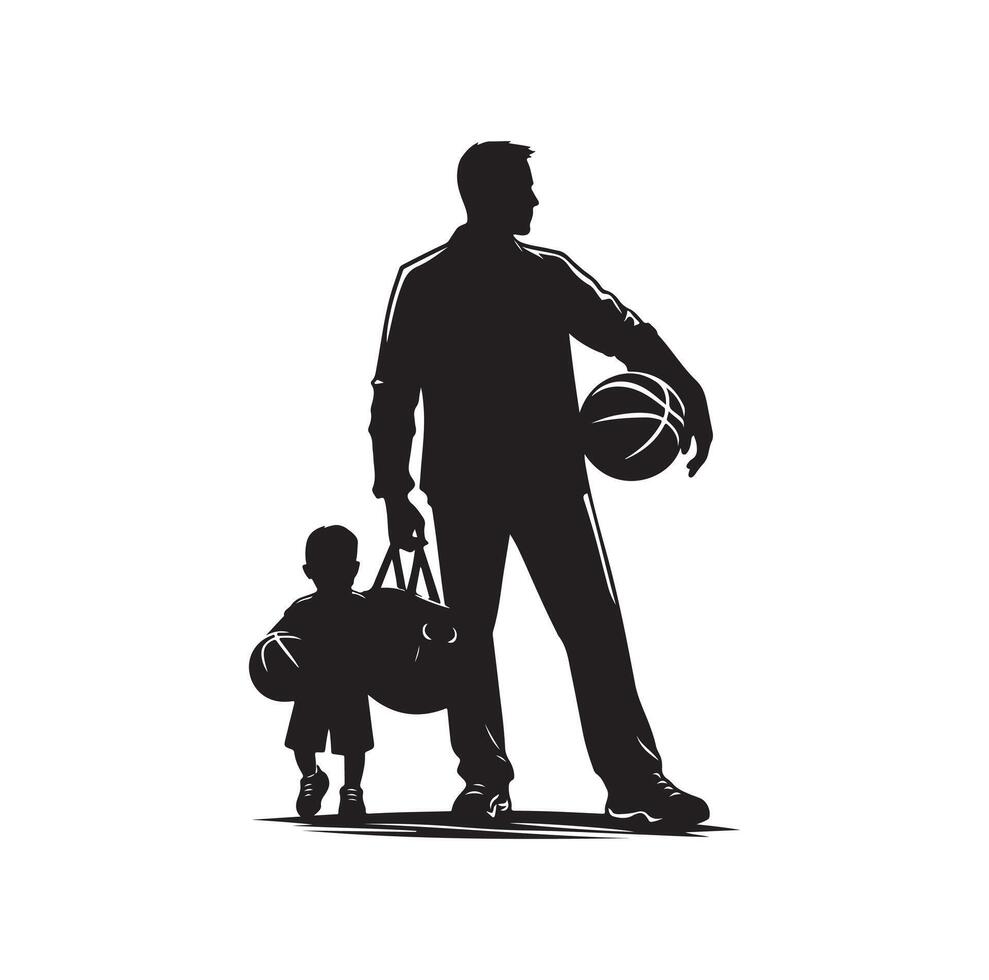 basketbal speler vader met bal mand silhouet vector