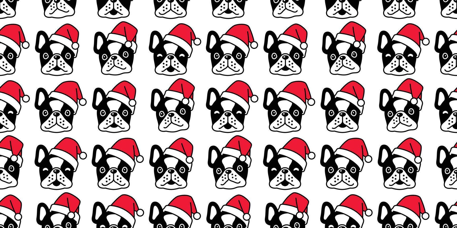 hond naadloos patroon Kerstmis Frans bulldog de kerstman claus hoed hoofd sjaal geïsoleerd tekenfilm herhaling achtergrond tegel behang illustratie ontwerp vector