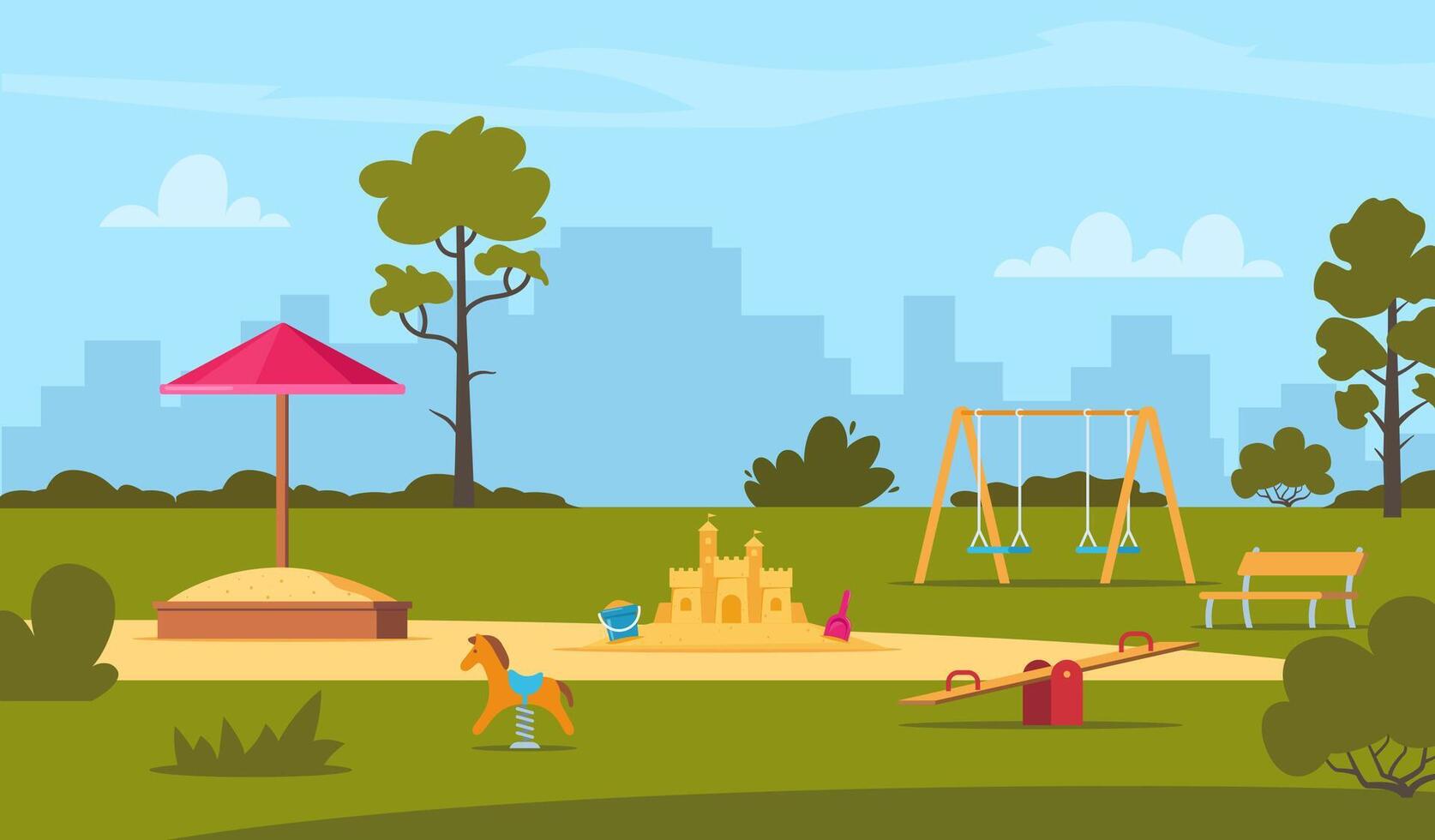 openbaar park in de stad met kinderen speelplaats. kinderen vermaak speelplaats elementen. schuiven, banken, zandbak, schommel en recreatie park, speelgoed. plaats kinderen spellen. illustratie. vector