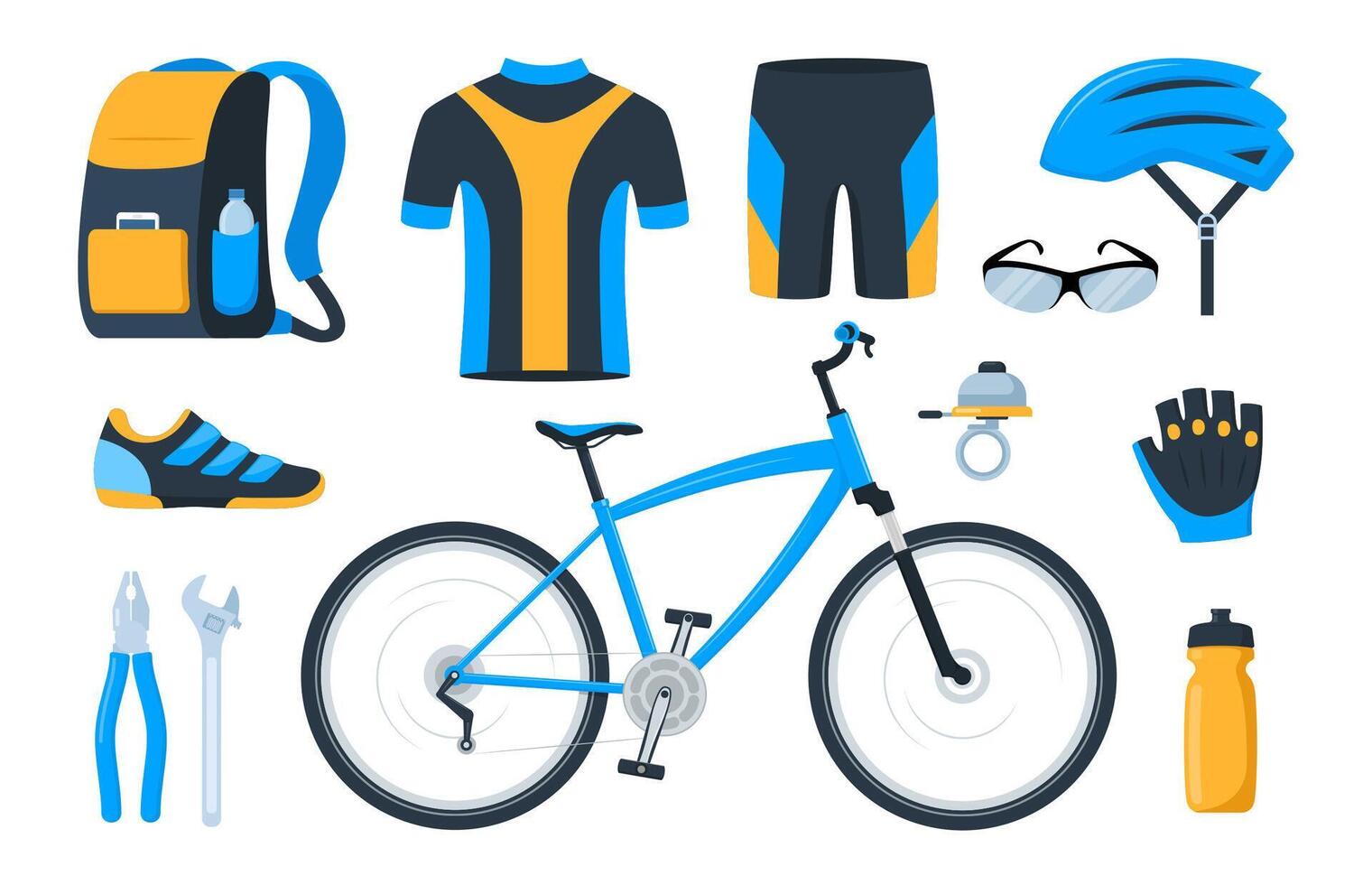 fiets set. fiets apparatuur. fietser versnelling, sportkleding voor fietser, bijhouden accessoires voor extreem sport opleiding geïsoleerd Aan wit. illustratie. vector