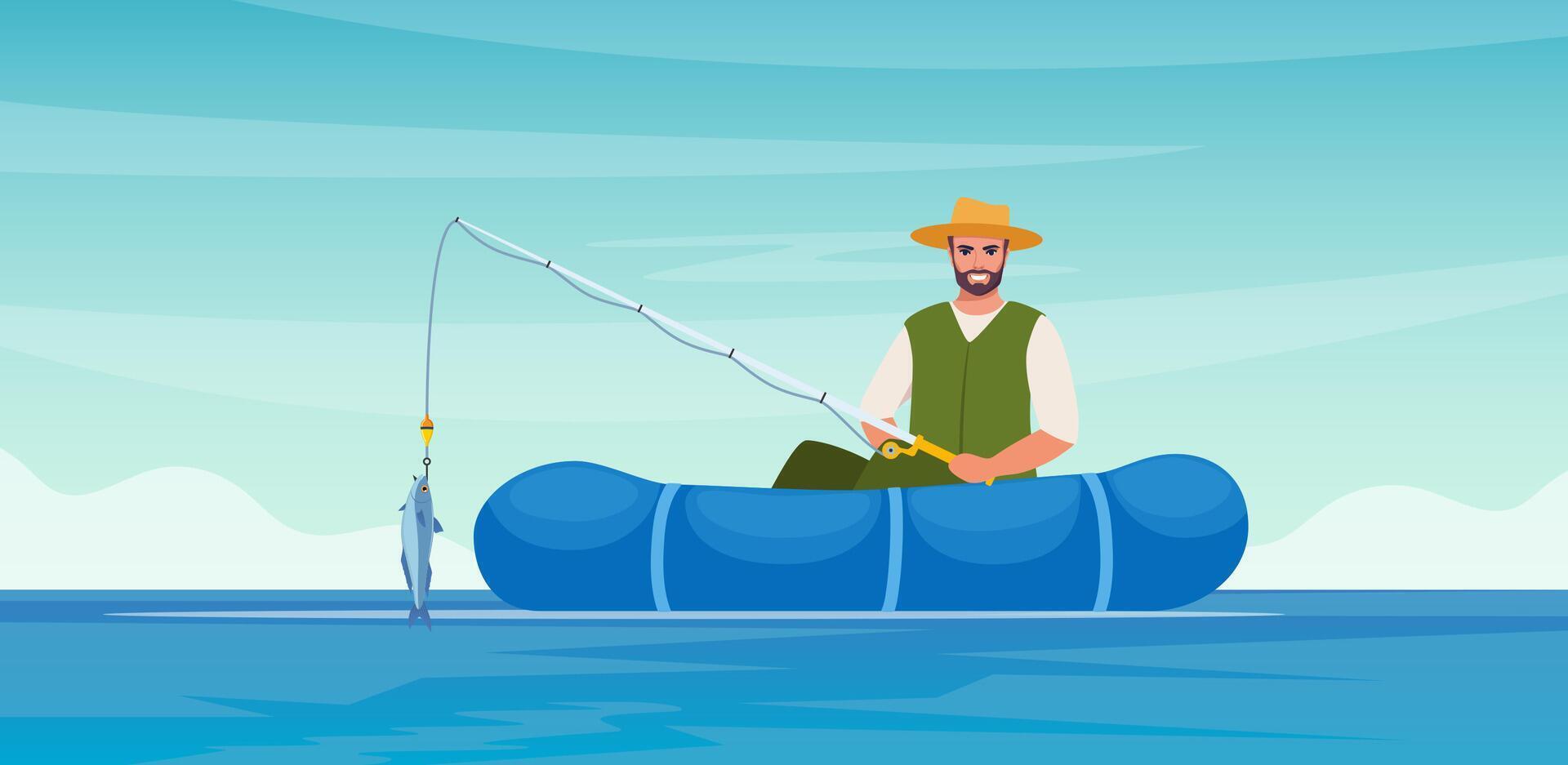 Mens vissen. visser Bij meer of rivier. Mens in hesje en hoed. vent aan het wachten voor vangst een vis. buitenshuis recreatie, vrije tijd tijd. illustratie. vector