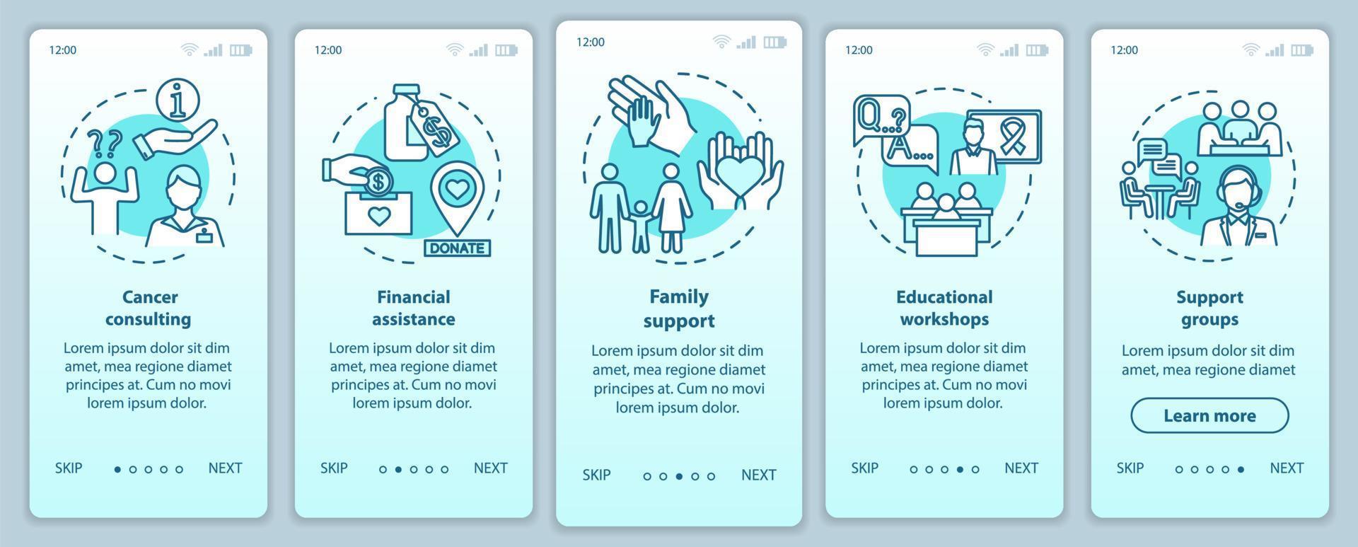 oncologie helpt bij het onboarden van het paginascherm van de mobiele app met concepten. ziekte behandeling walkthrough vijf stappen grafische instructies. familie ondersteuning. ui-vectorsjabloon met rgb-kleurenillustraties vector