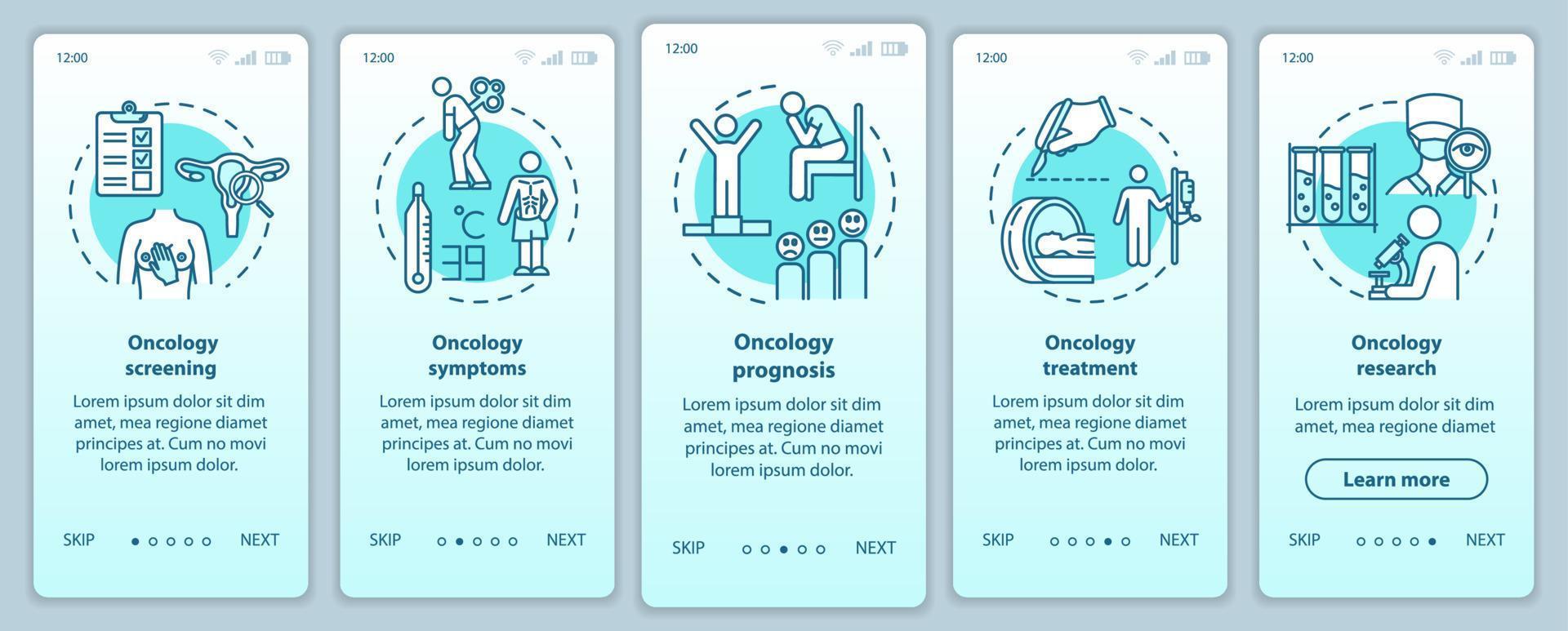 oncologie onboarding mobiele app paginascherm met concepten. symptomen van kanker. ziekte behandeling walkthrough vijf stappen grafische instructies. ziekte prognose. ui-vectorsjabloon, rgb-kleurenillustratie vector