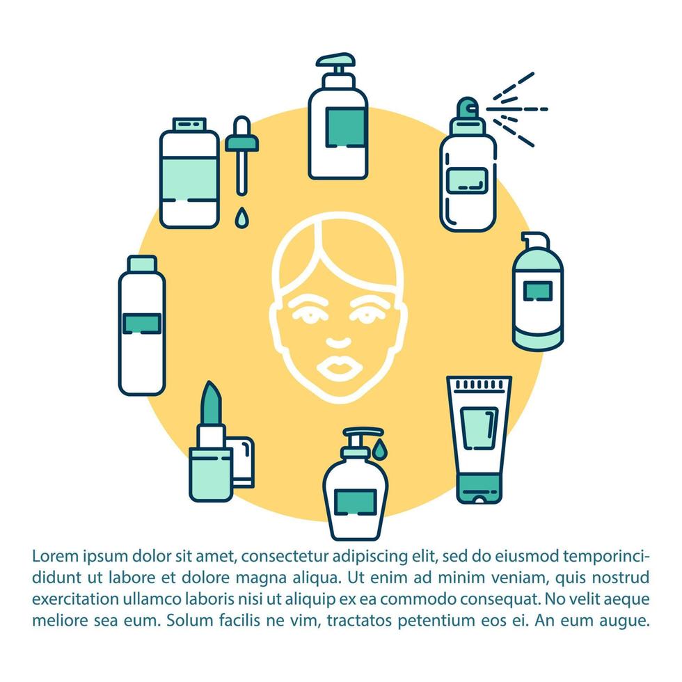 huidverzorgingsproducten concept icoon met tekst. hydraterende spray. schoonmaak gel. gezichtslotion. ppt pagina vector sjabloon. brochure, tijdschrift, boekje ontwerpelement met lineaire illustraties