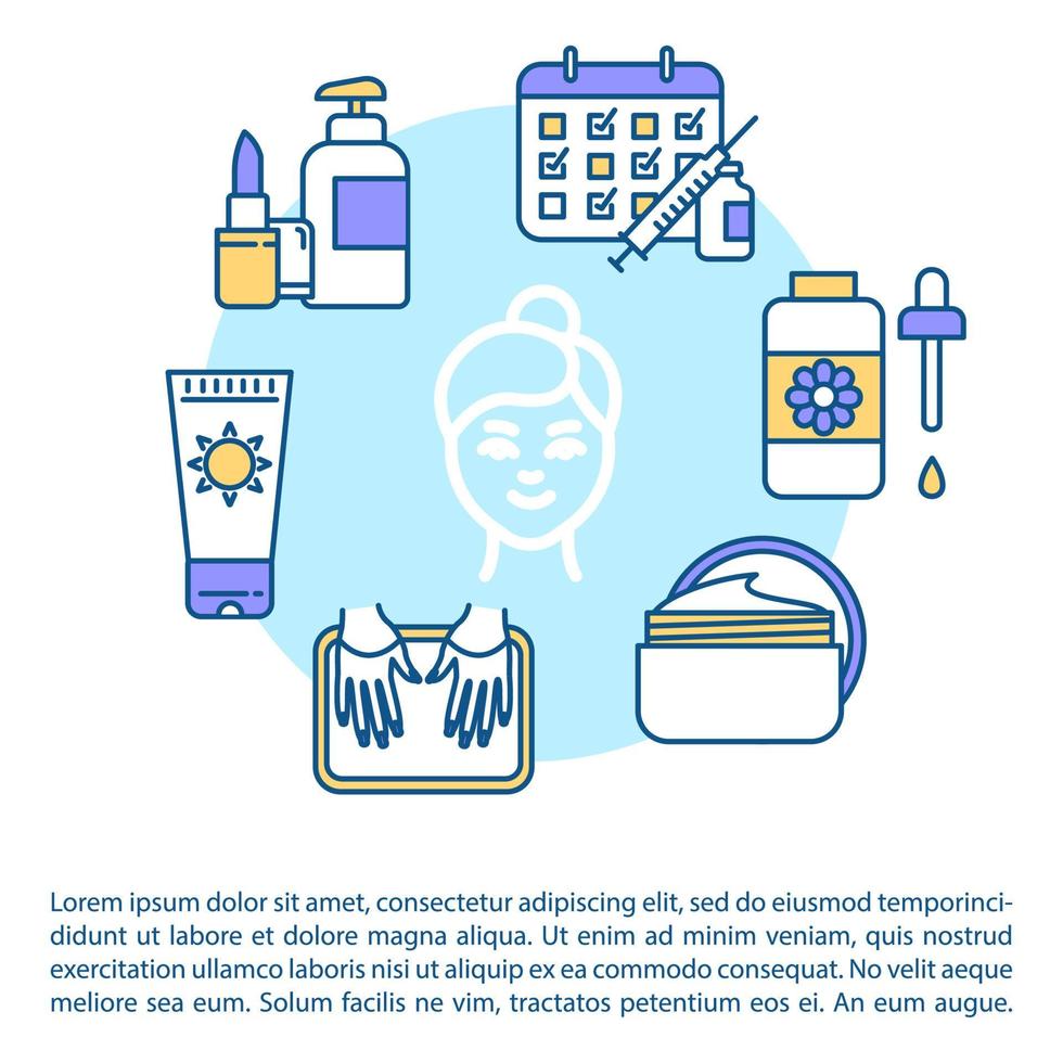 huidverzorgingsproducten concept icoon met tekst. gezichts creme. hydraterende lotion. zonnebrandcrème en serum. ppt pagina vector sjabloon. brochure, tijdschrift, boekje ontwerpelement met lineaire illustraties