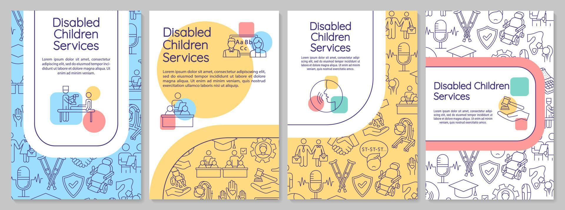 brochuresjabloon voor gehandicapte kinderen. programma's voor gehandicapten. flyer, boekje, folder afdrukken, omslagontwerp met lineaire pictogrammen. vectorlay-outs voor tijdschriften, jaarverslagen, reclameposters vector